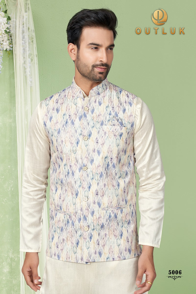 White Silk Mens Kurta Pajama with Jackets 5006