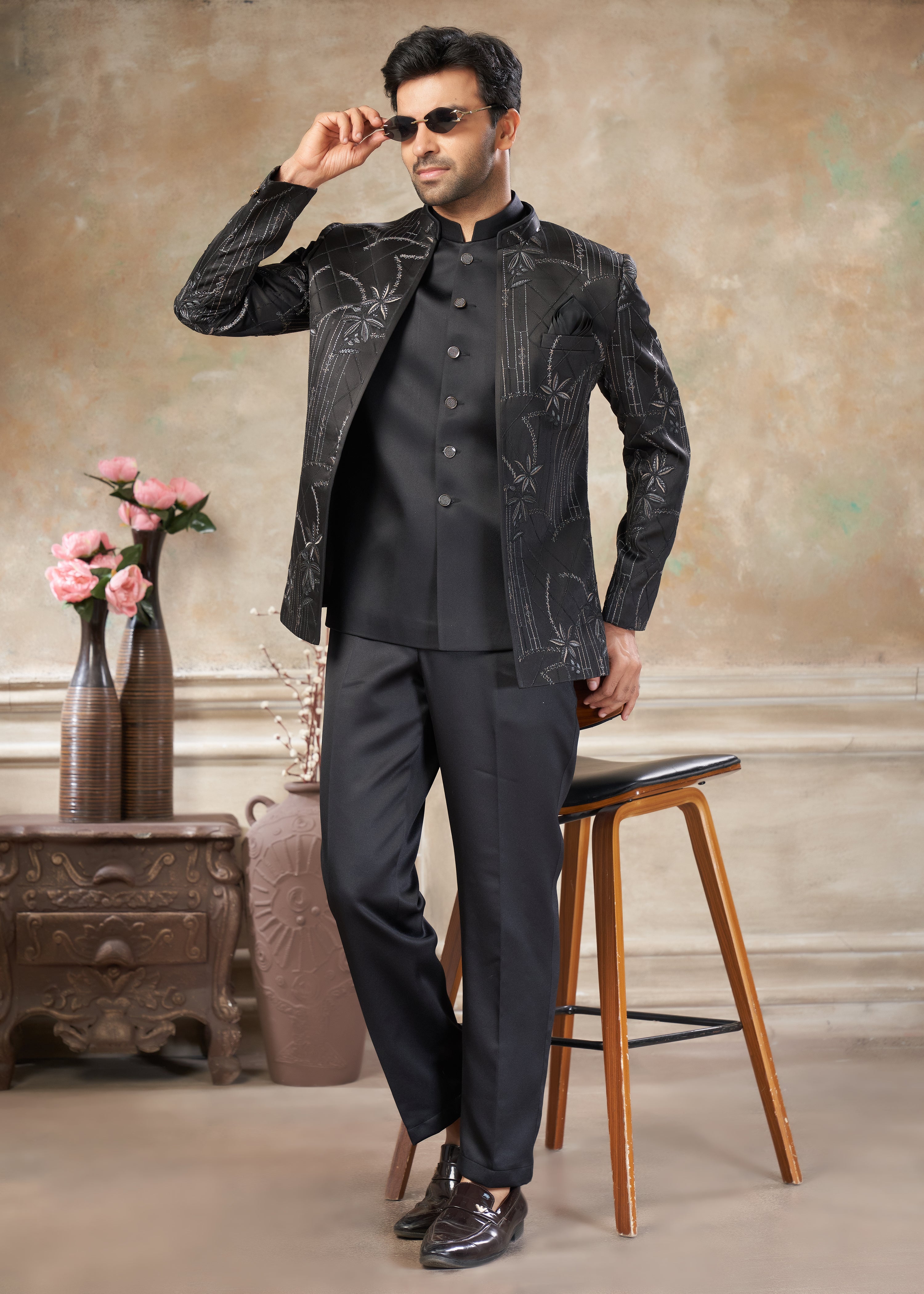 Black color Terry Rayon with embroidery Menswear jhodhpuri 51002