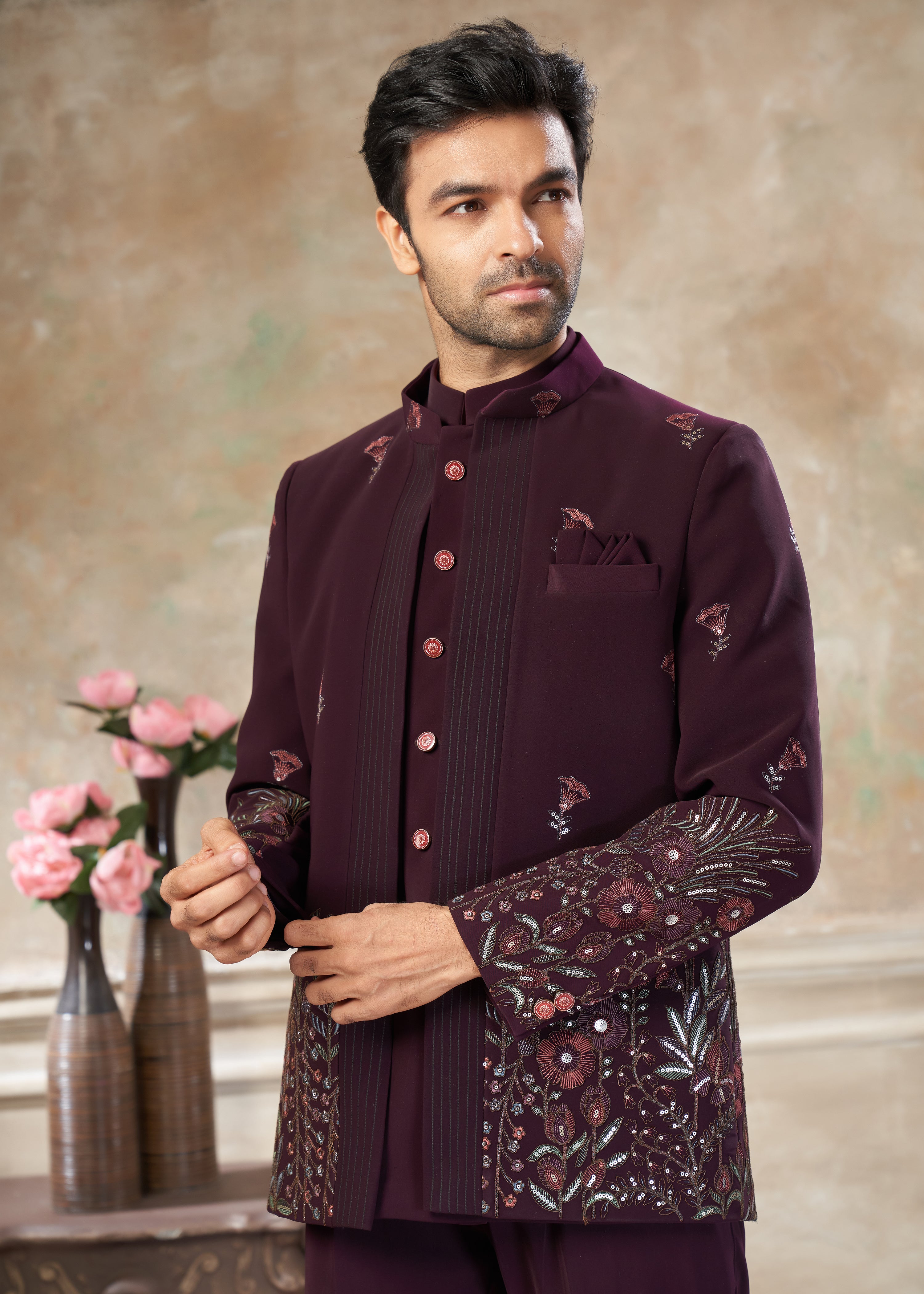 Purple color Terry Rayon with embroidery Menswear jhodhpuri 51003