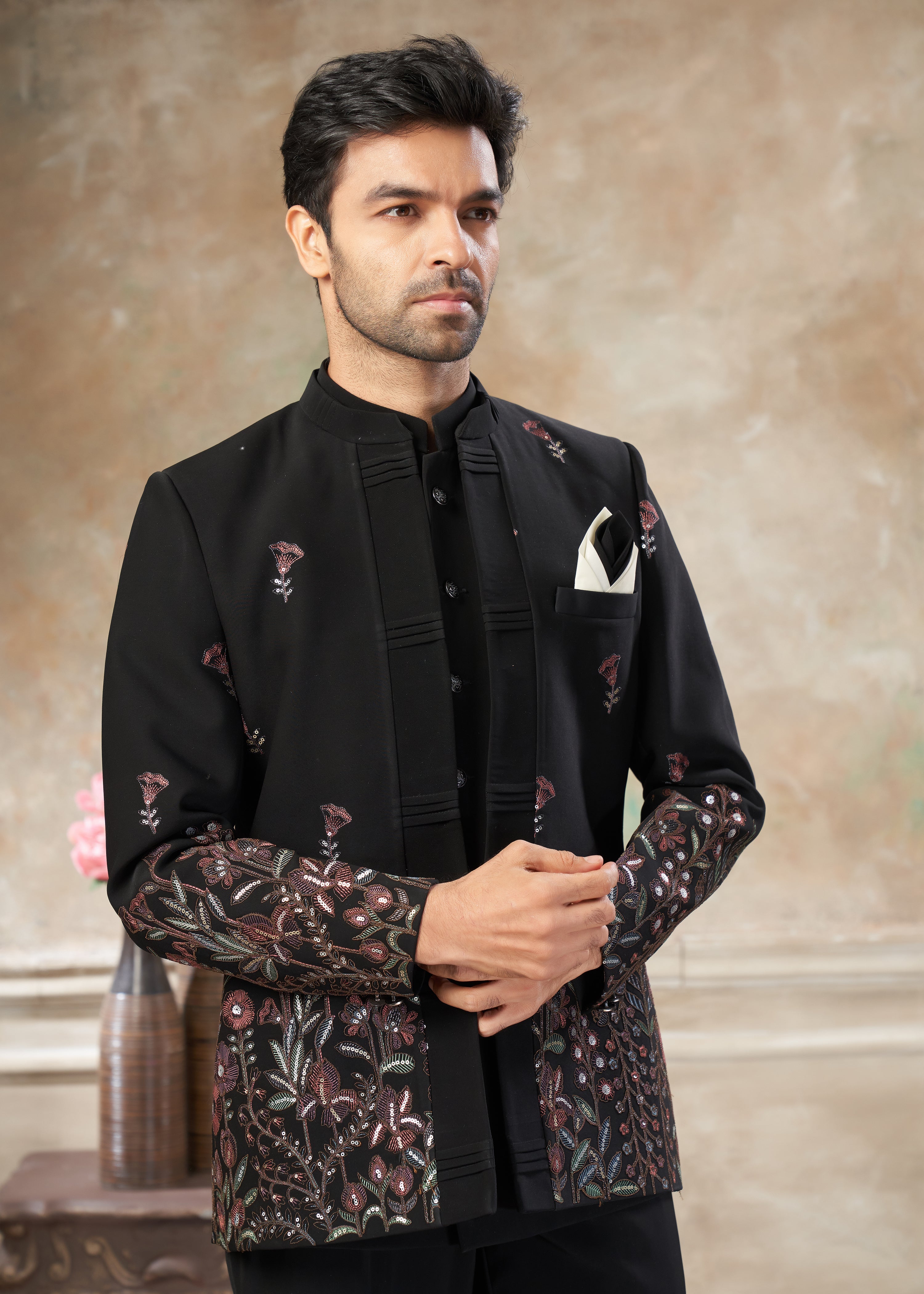 Black color Terry Rayon with embroidery Menswear jhodhpuri 51004