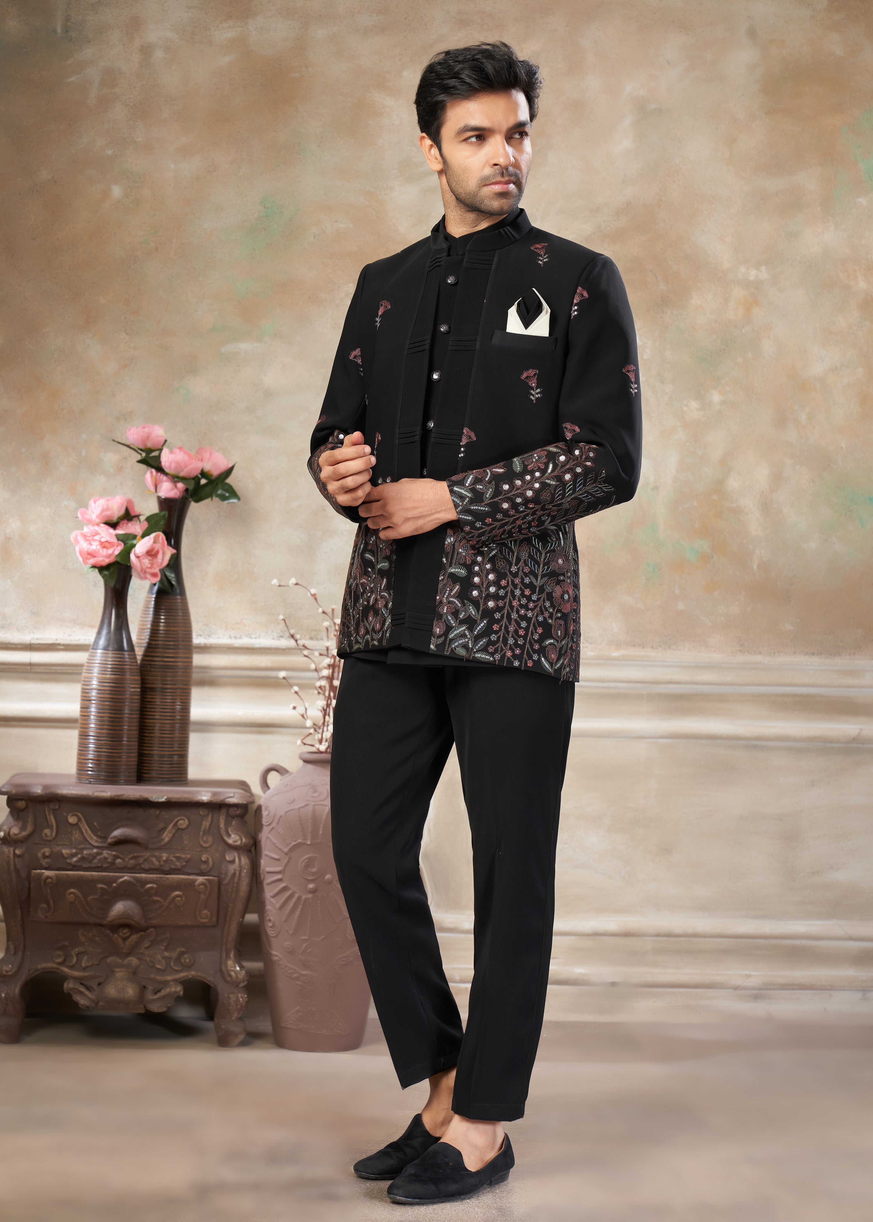 Black color Terry Rayon with embroidery Menswear jhodhpuri 51004
