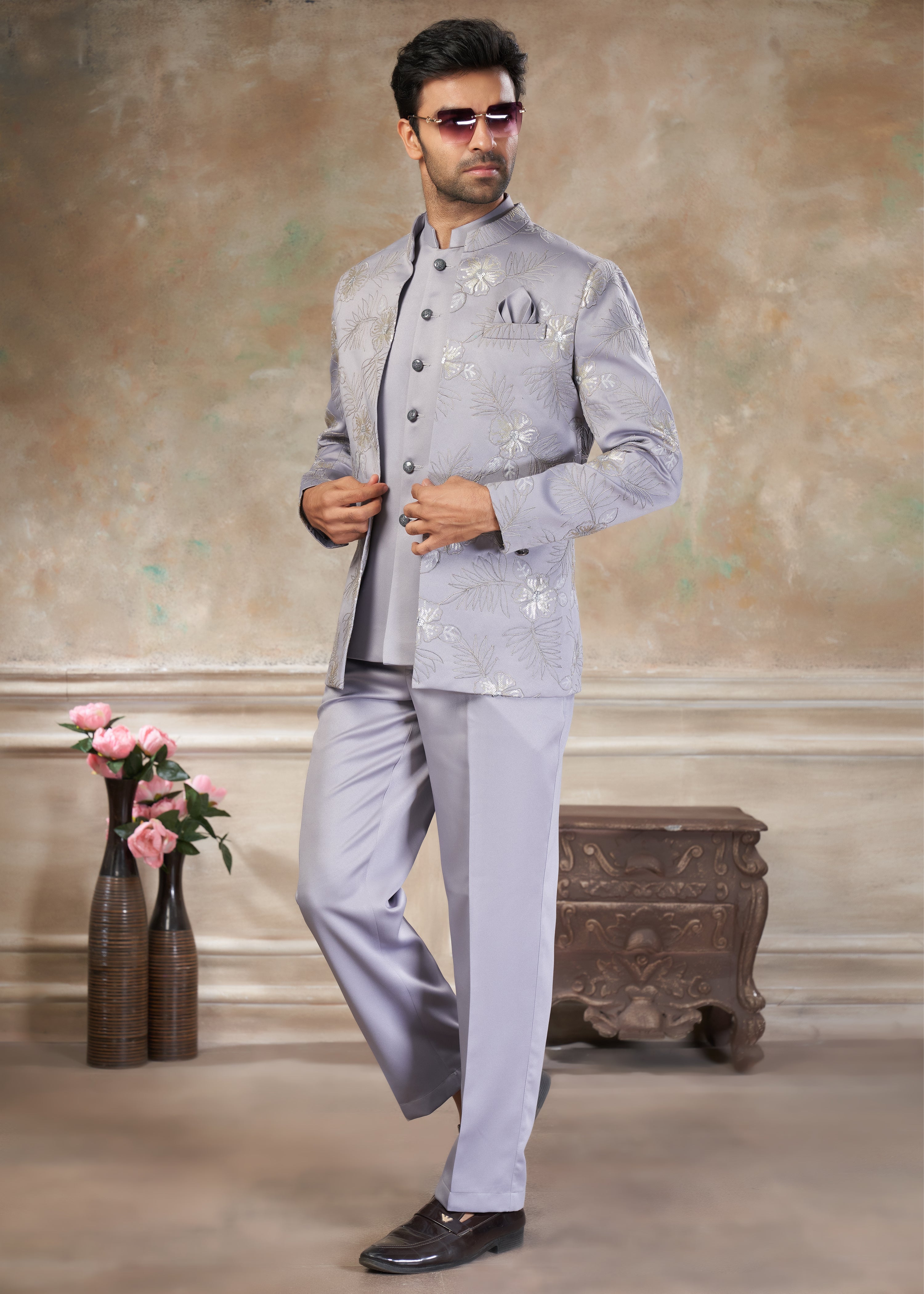 Grey color Terry Rayon with embroidery Menswear jhodhpuri 51005