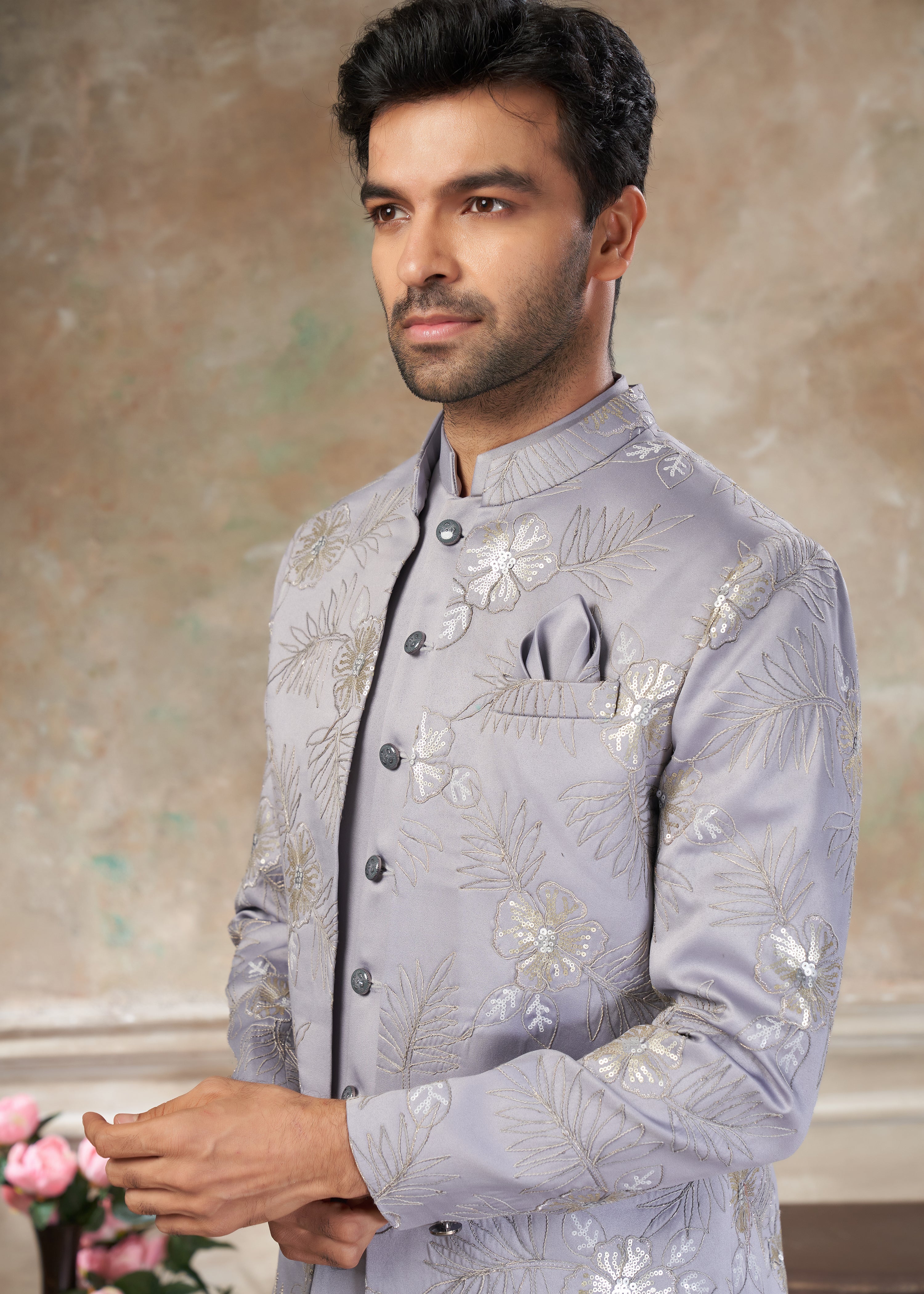 Grey color Terry Rayon with embroidery Menswear jhodhpuri 51005