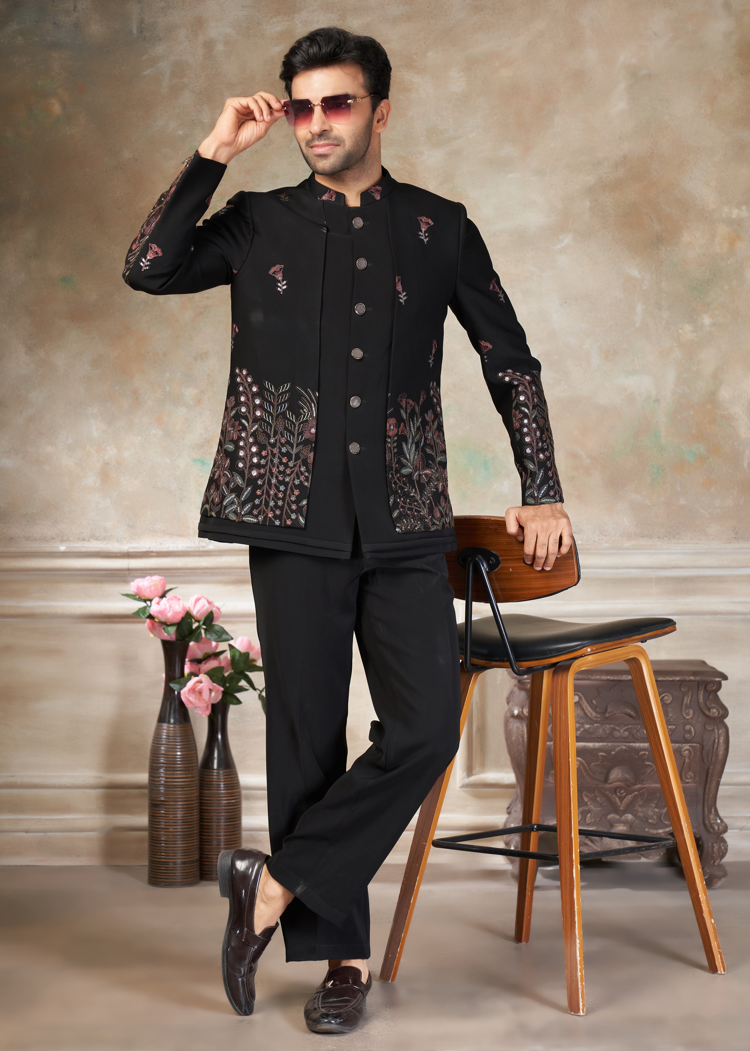 Black color Terry Rayon with embroidery Menswear jhodhpuri 51006
