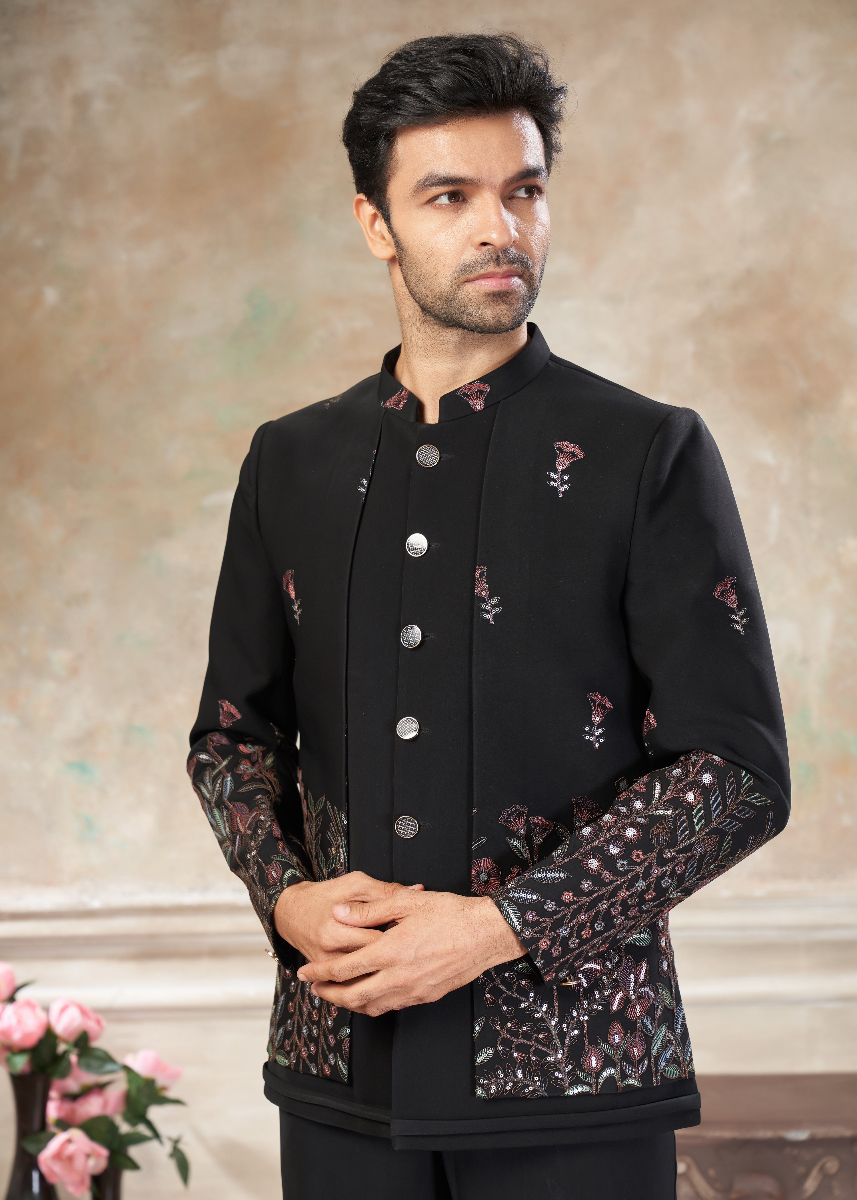 Black color Terry Rayon with embroidery Menswear jhodhpuri 51006