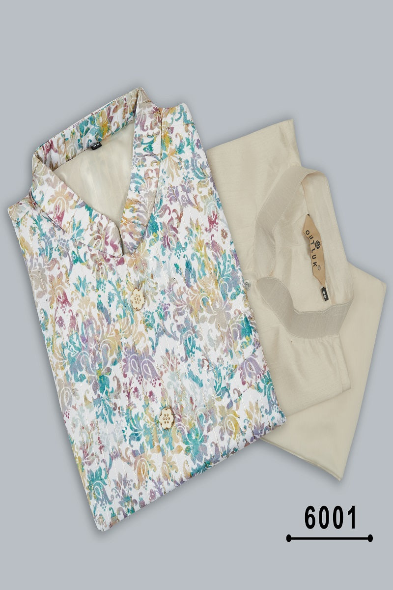 White Silk Mens Kurta Pajama with Jackets 6001