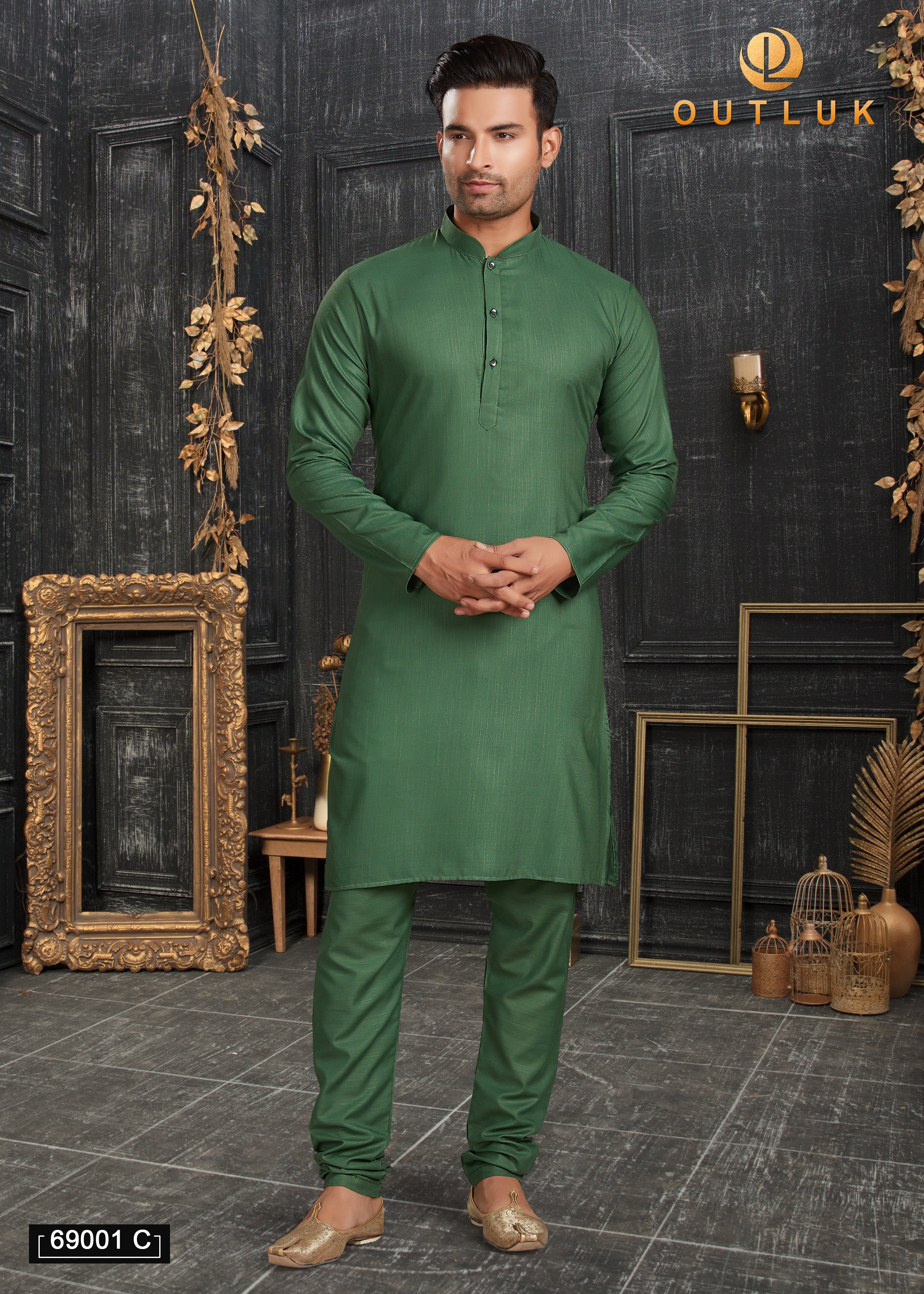 Green Cotton Mens Kurta Pajama 69001 C