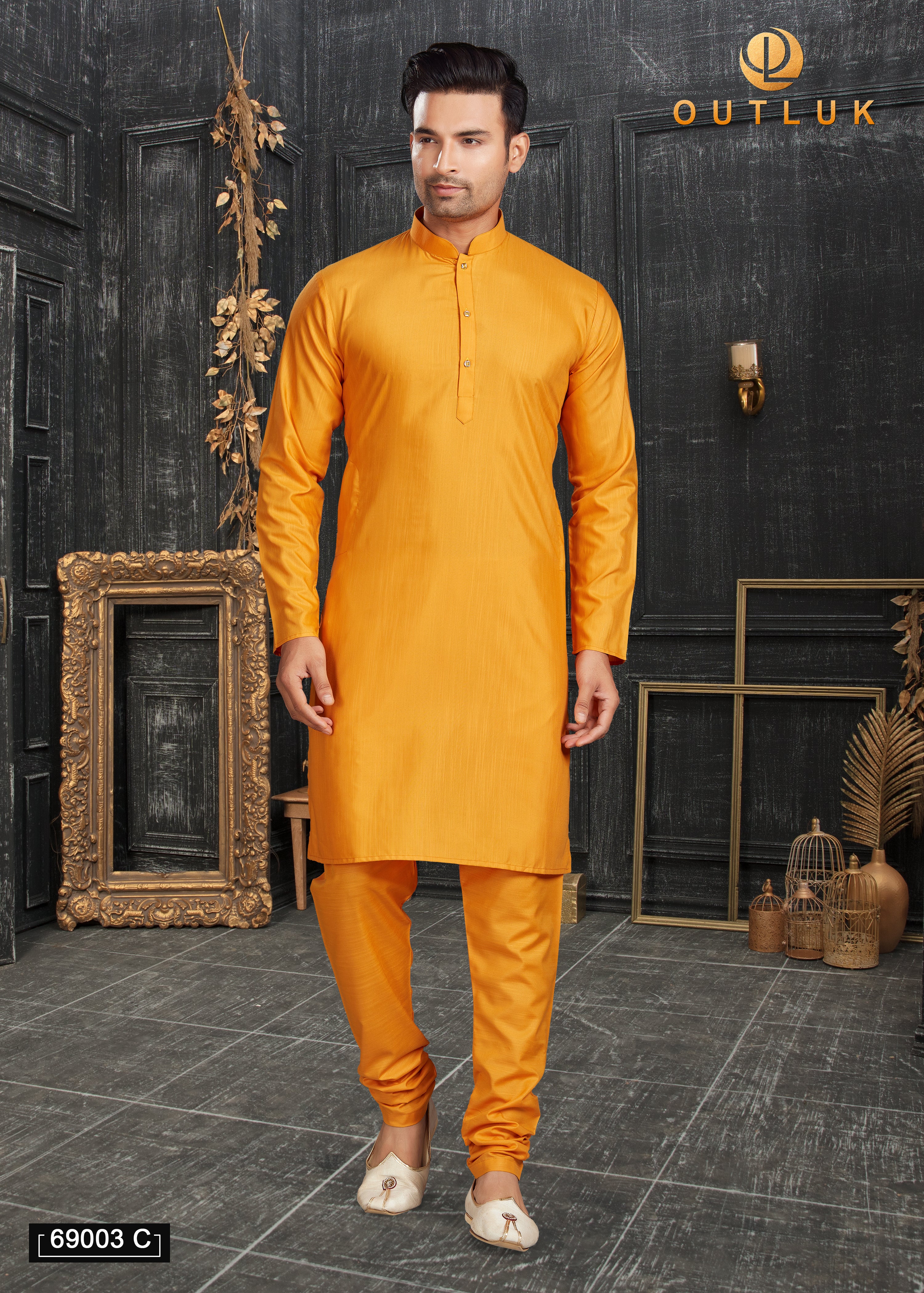 Yellow Cotton Mens Kurta Pajama 69003 C