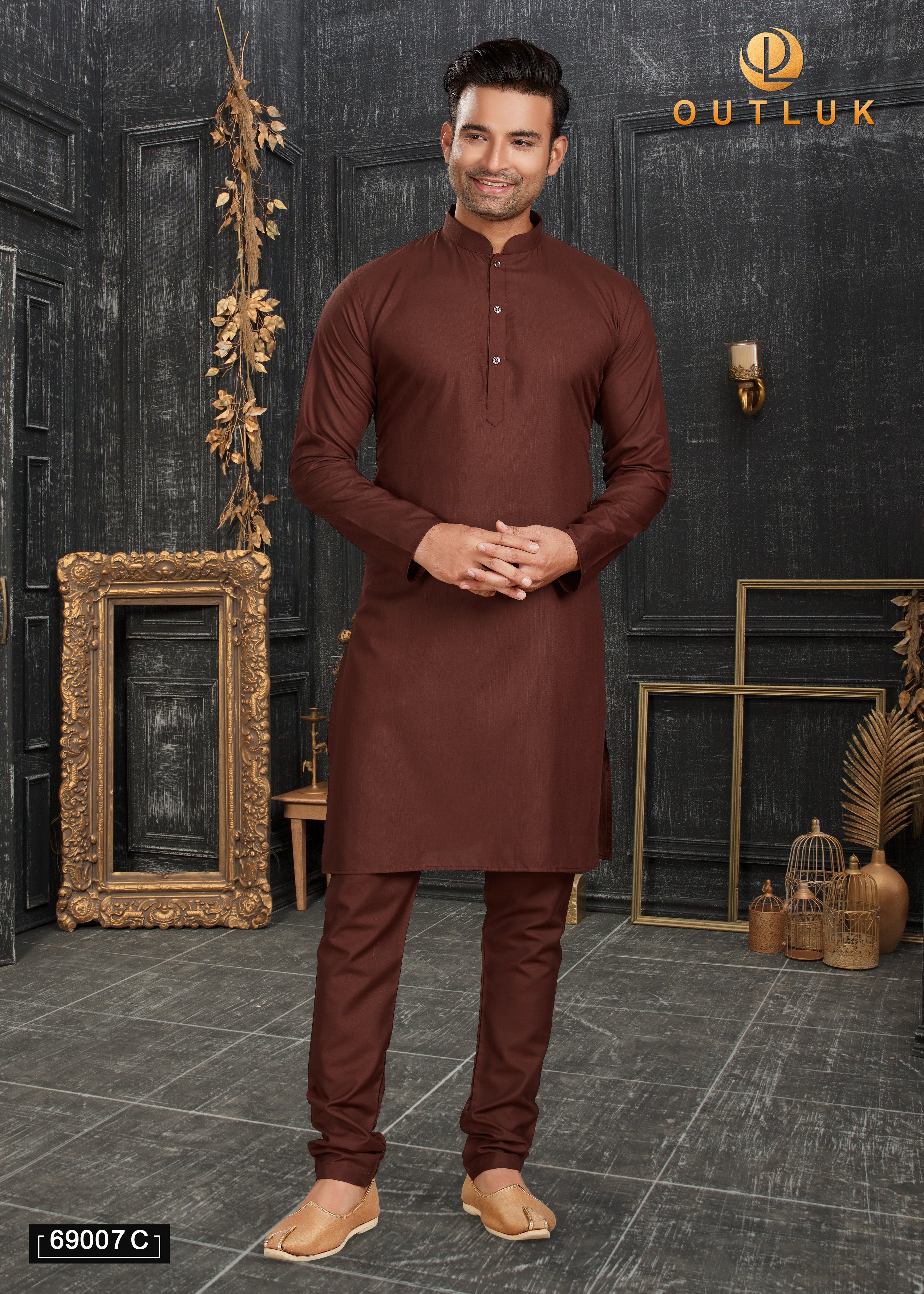 Coffee Cotton Mens Kurta Pajama 69007 C
