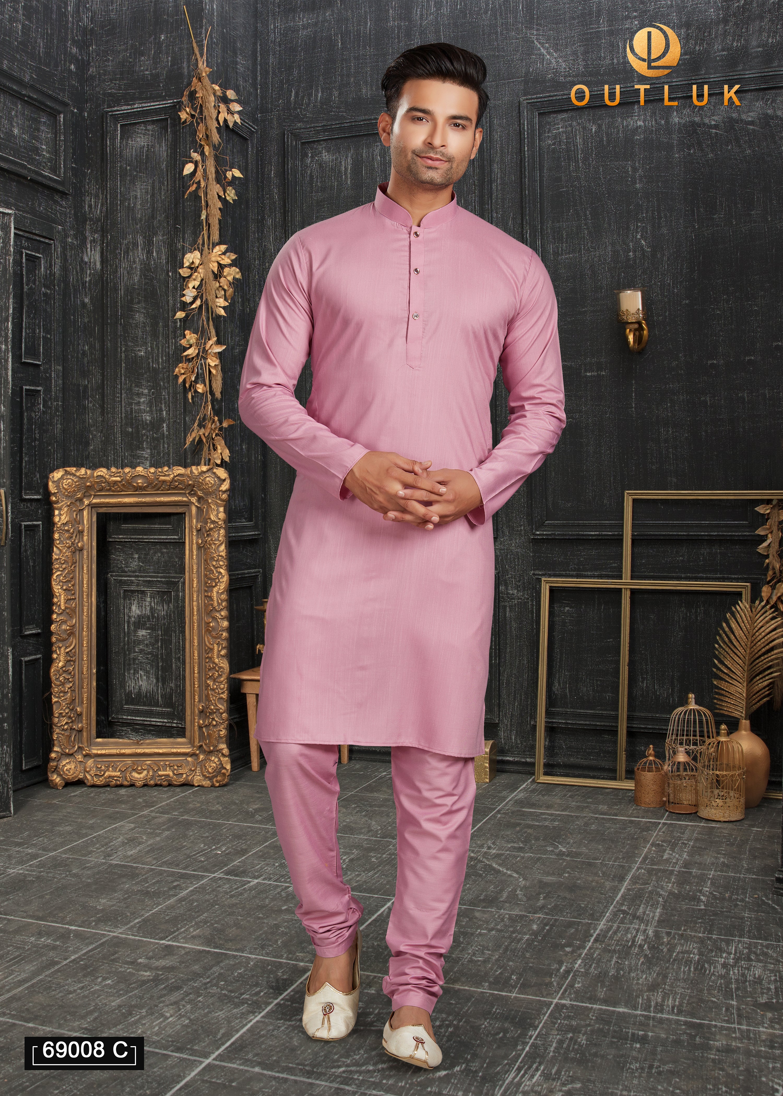 Light Pink Cotton Mens Kurta Pajama 69008 C
