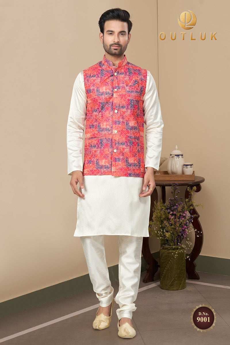 Red Cotton Mens Kurta Pajama with Jackets 9001