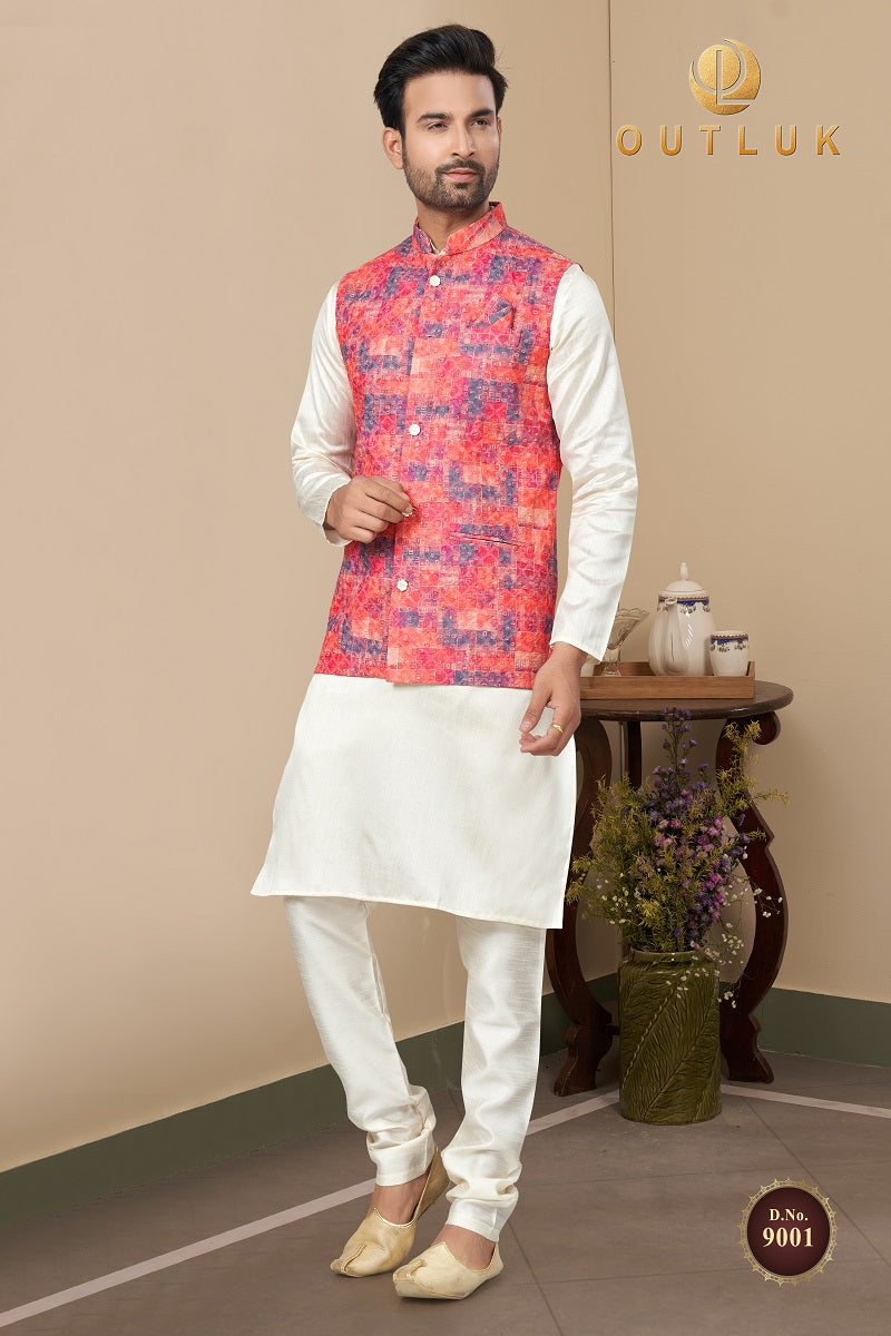 Red Cotton Mens Kurta Pajama with Jackets 9001