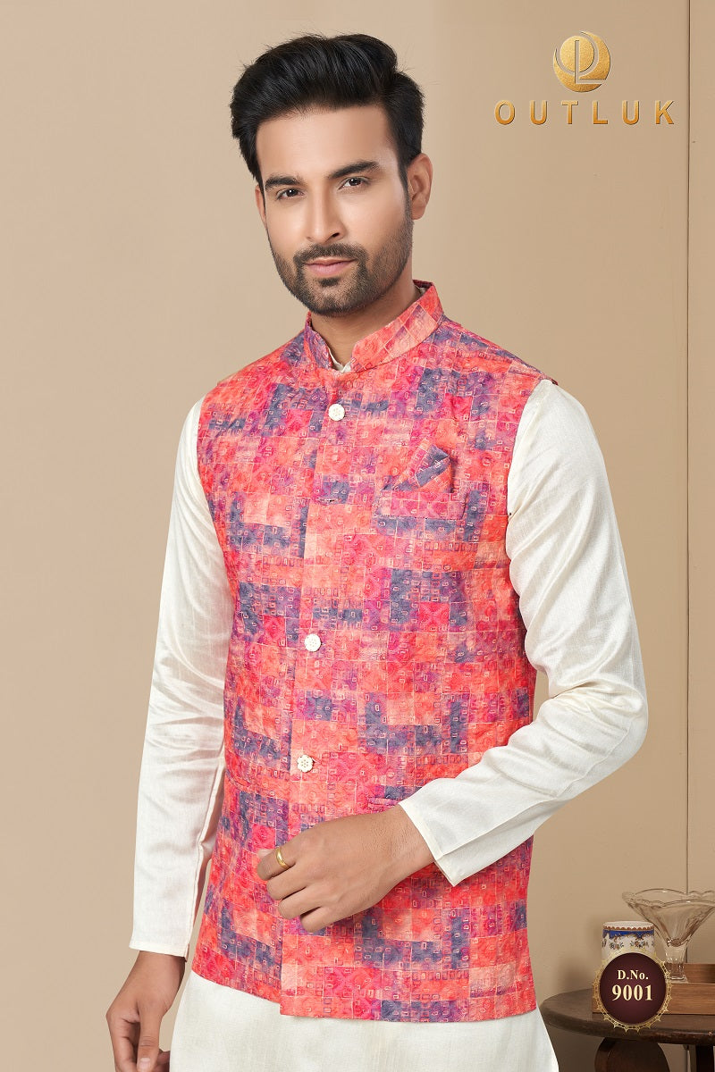 Red Cotton Mens Kurta Pajama with Jackets 9001
