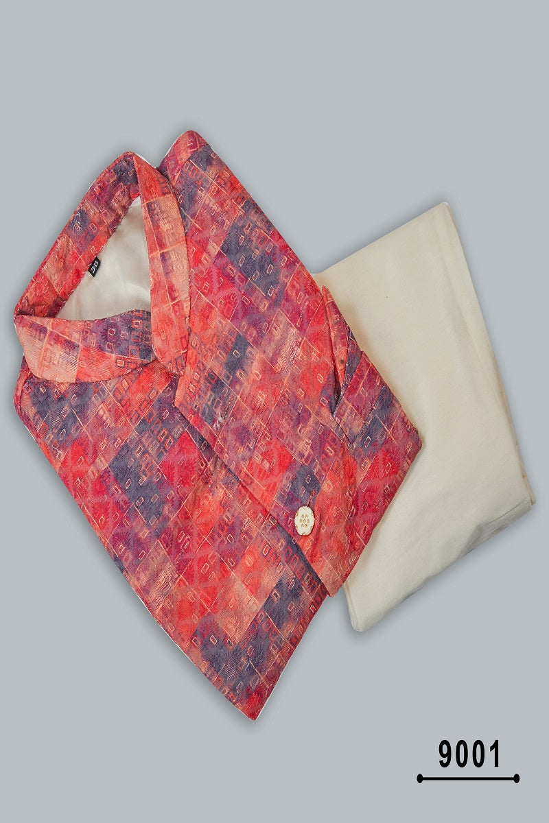 Red Cotton Mens Kurta Pajama with Jackets 9001