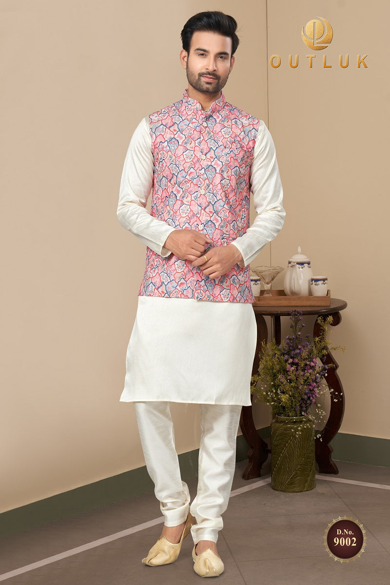 Light Red Cotton Mens Kurta Pajama with Jackets 9002