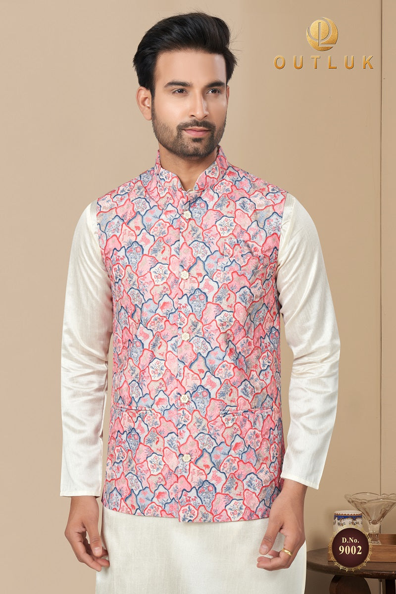 Light Red Cotton Mens Kurta Pajama with Jackets 9002