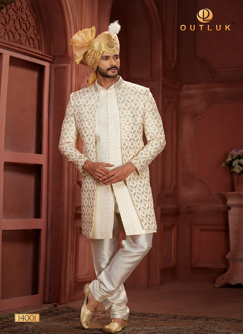 Light Beige Silk Mens Sherwani 14001.