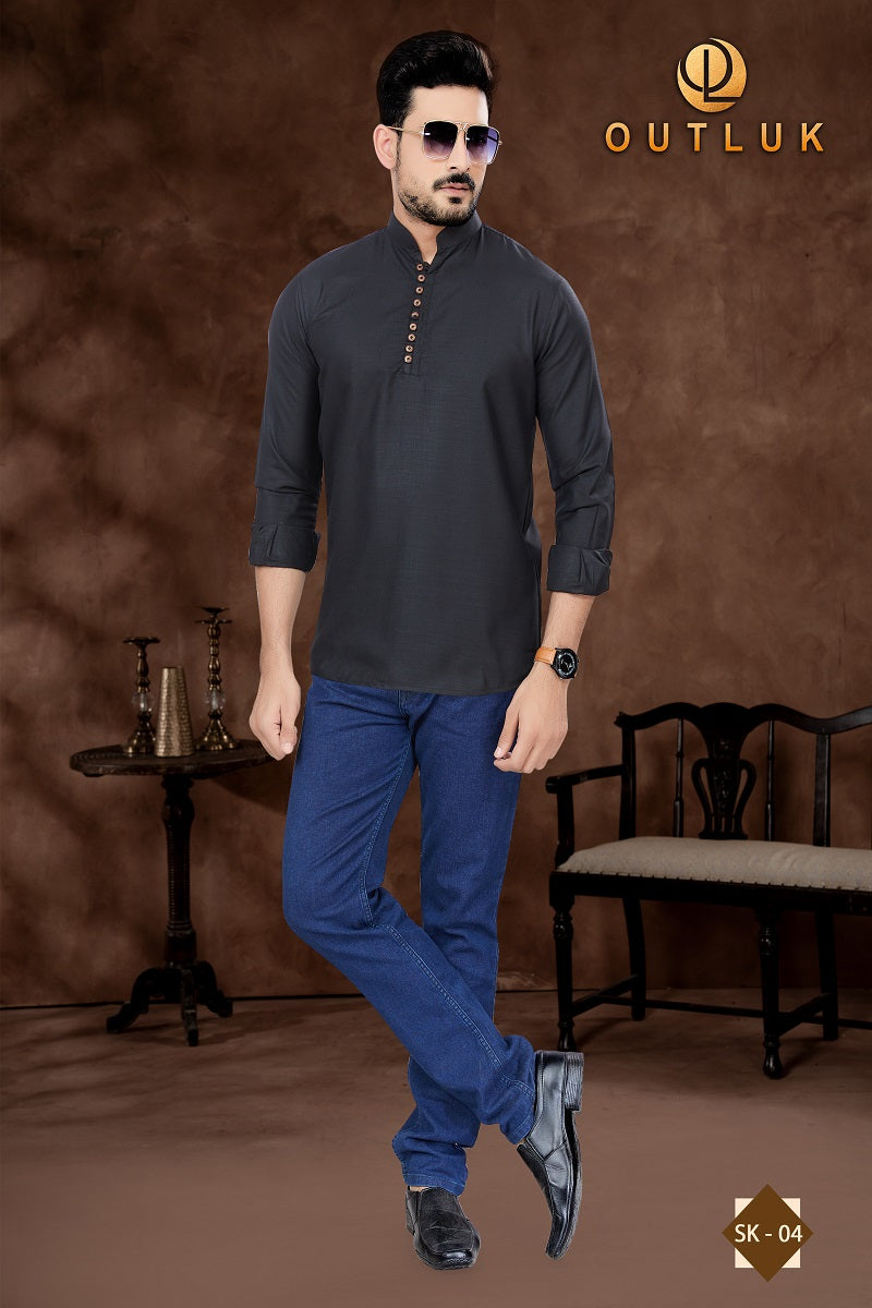 Black Cotton Mens Short Kurta SK04