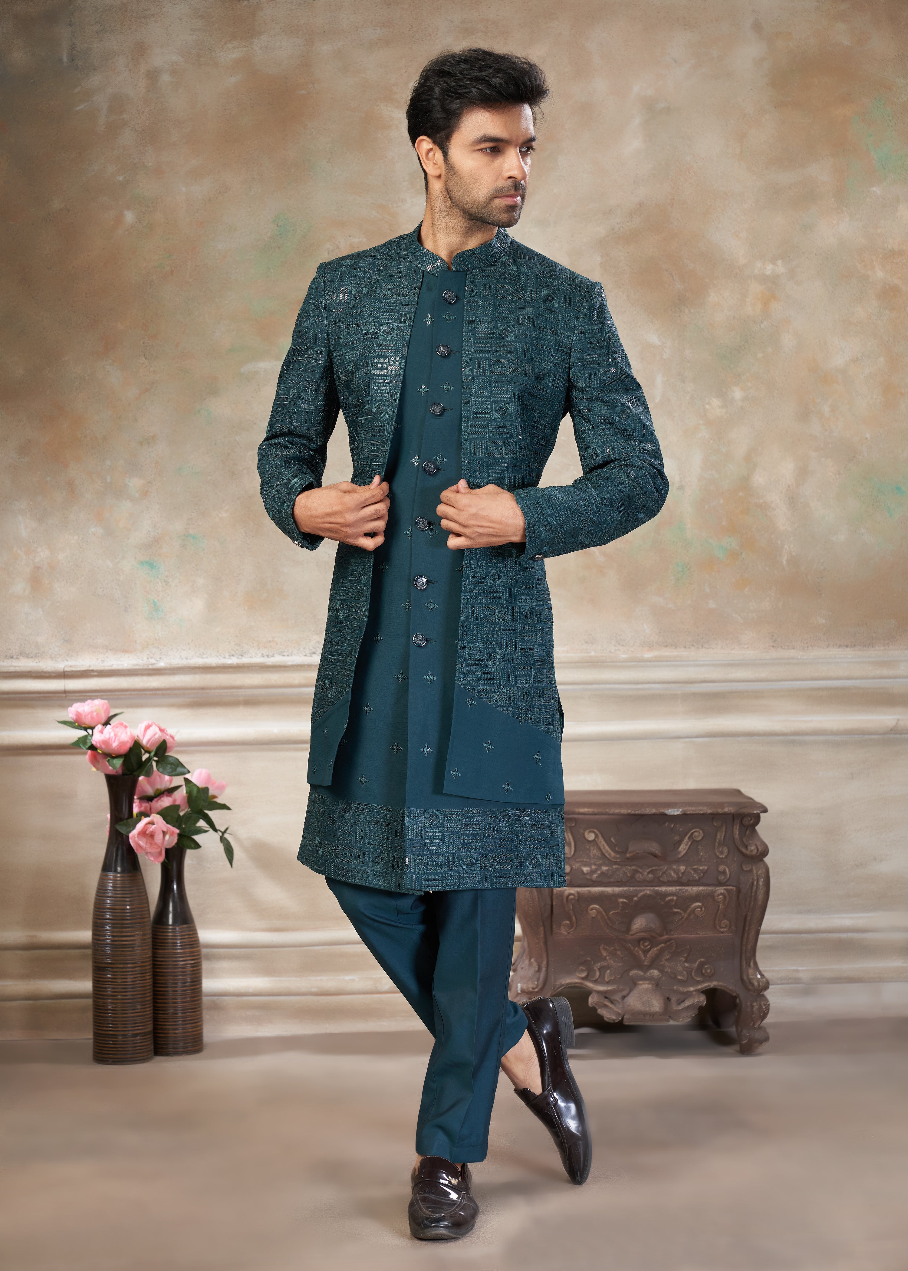 Teal Blue color Pure Viscose with embroidery Menswear indowestern 50006