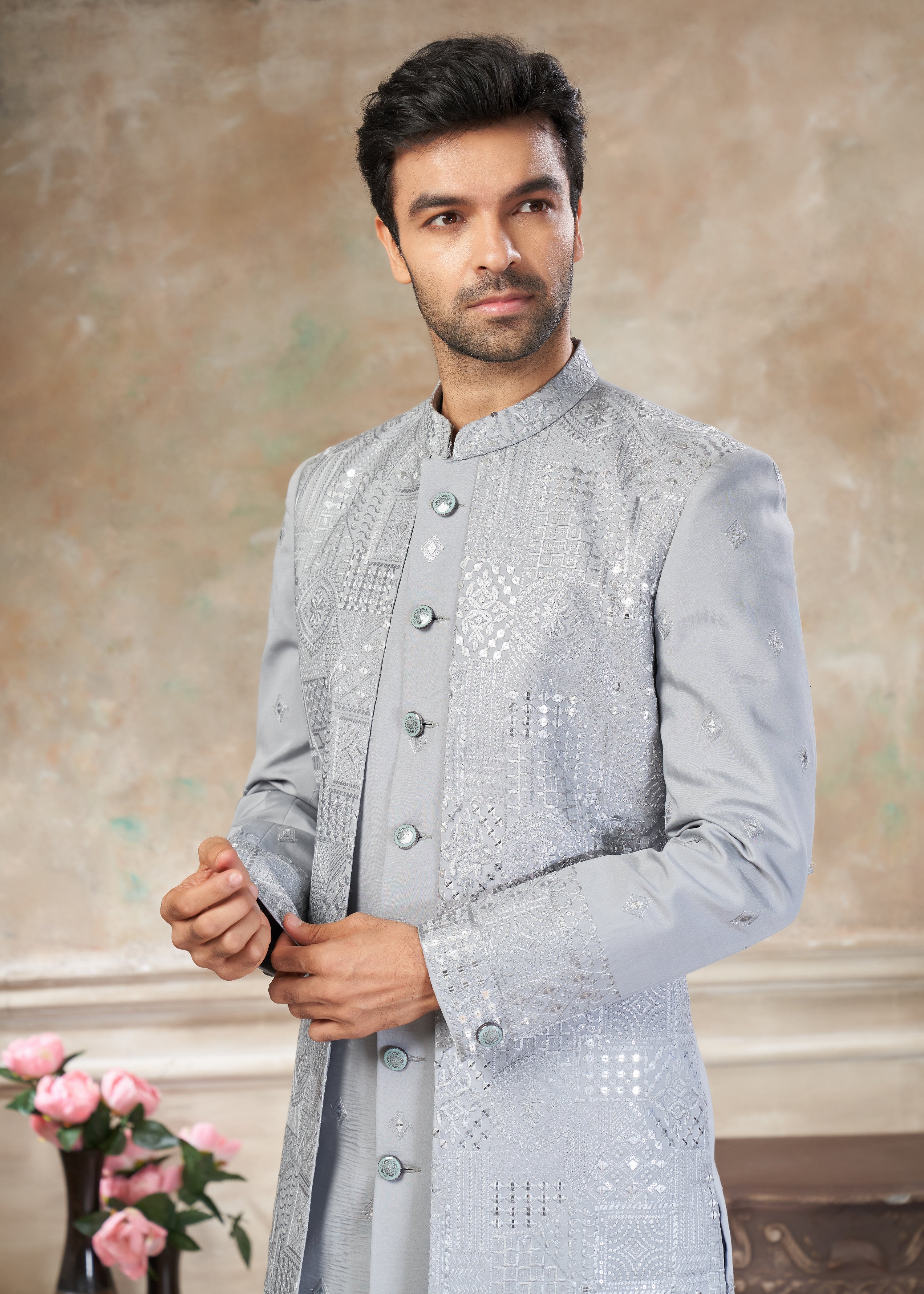Grey color Pure Viscose with embroidery Menswear indowestern 50007