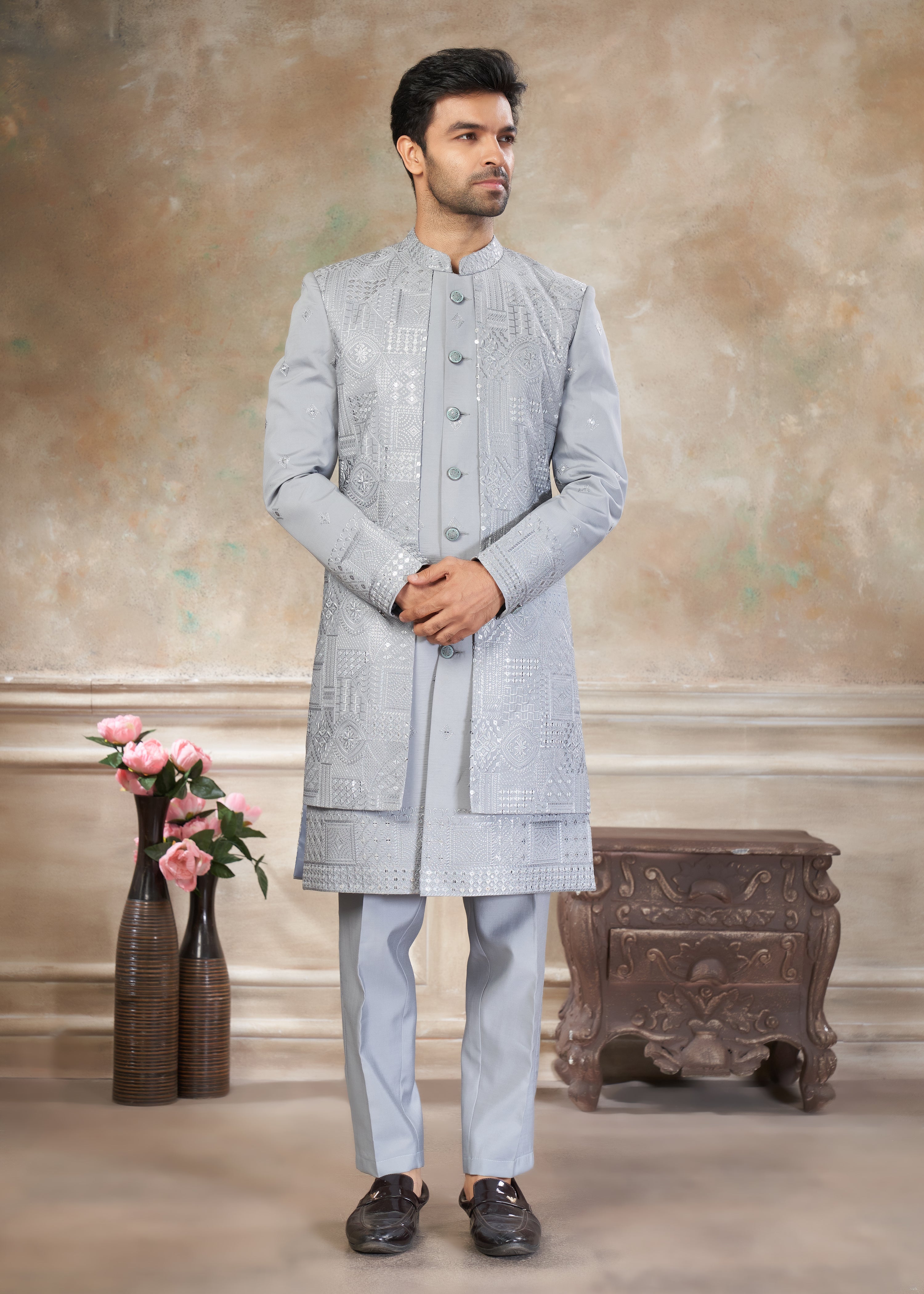 Grey color Pure Viscose with embroidery Menswear indowestern 50007