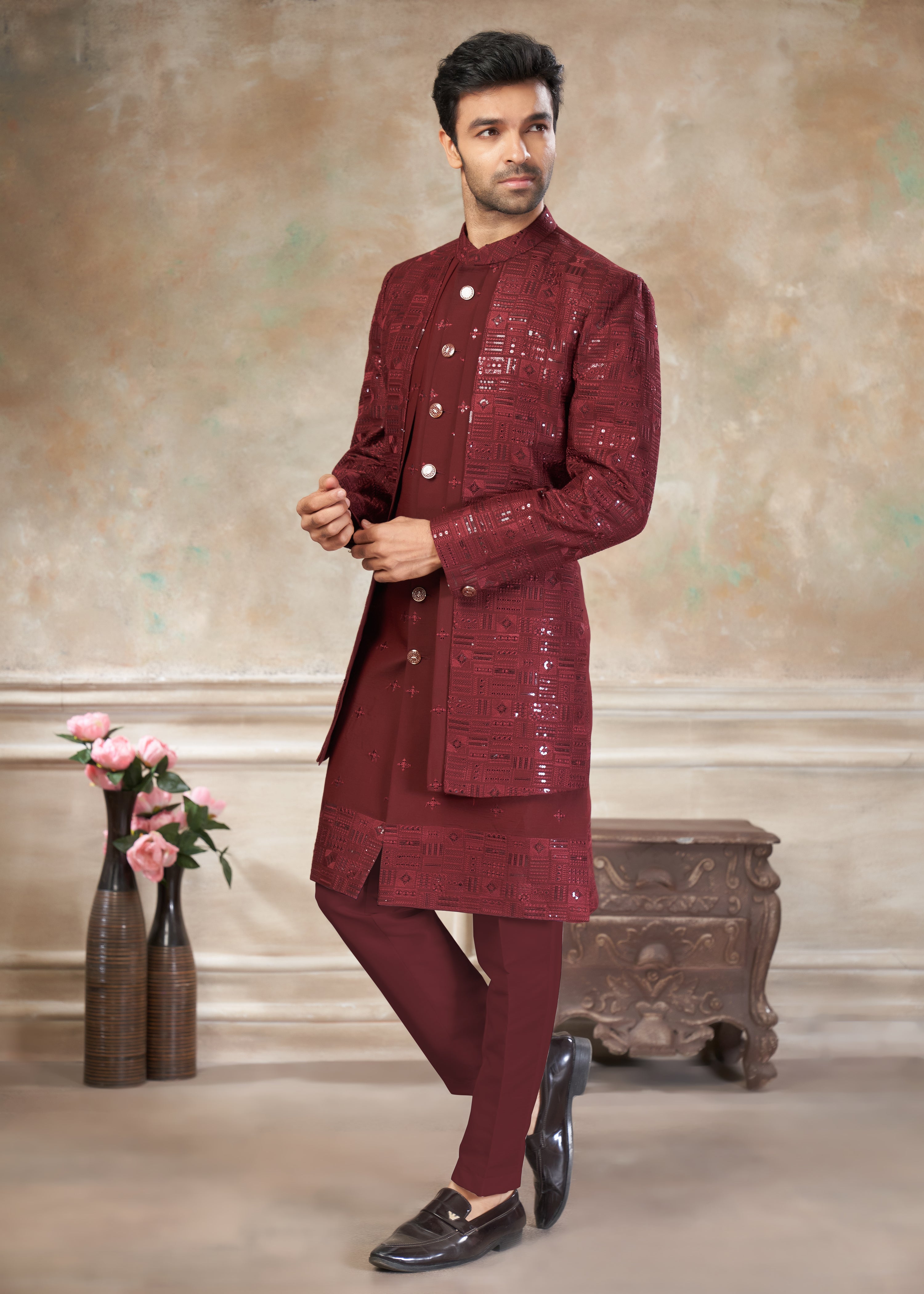 Red color Pure Viscose with embroidery Menswear indowestern 50008