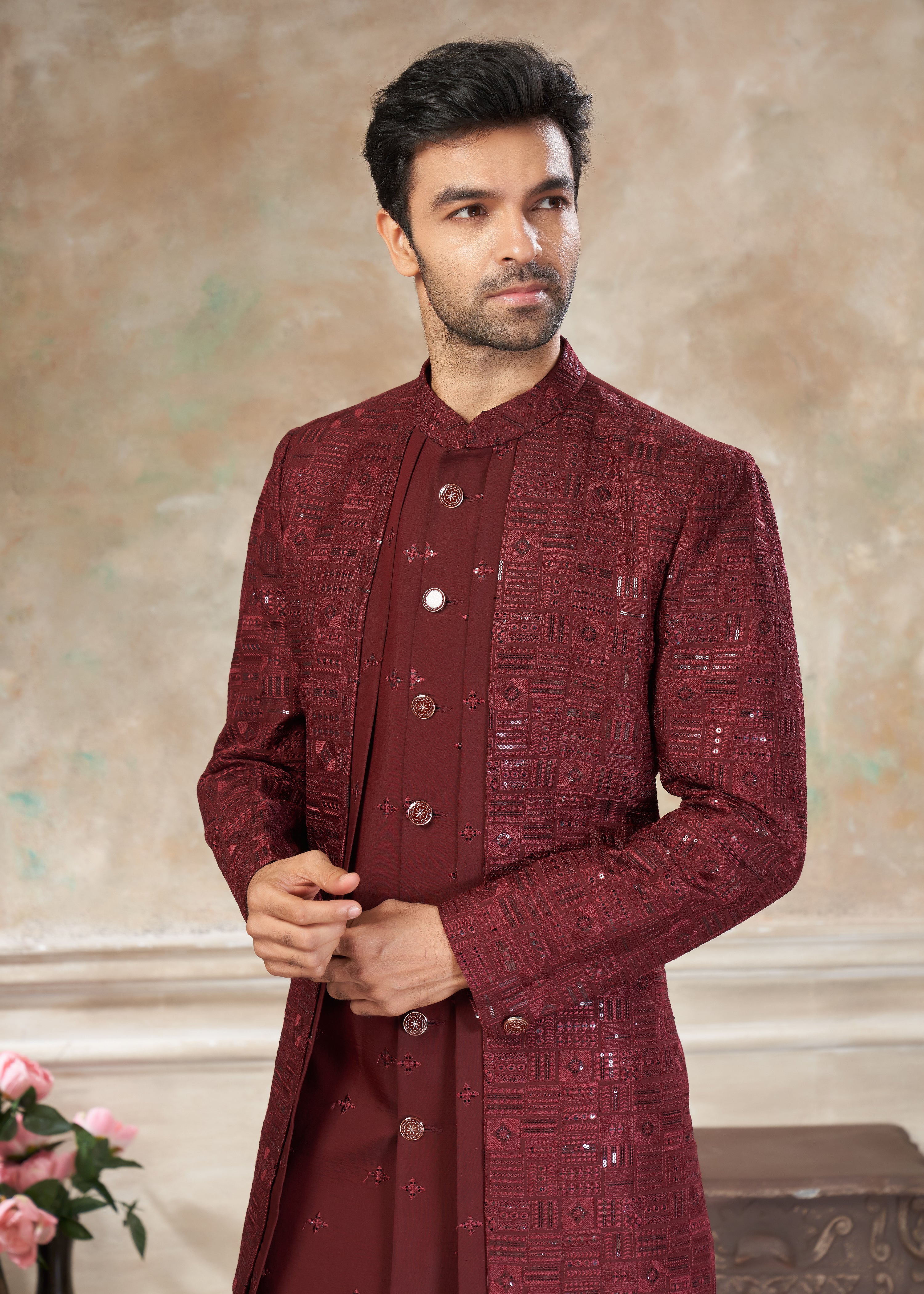 Red color Pure Viscose with embroidery Menswear indowestern 50008
