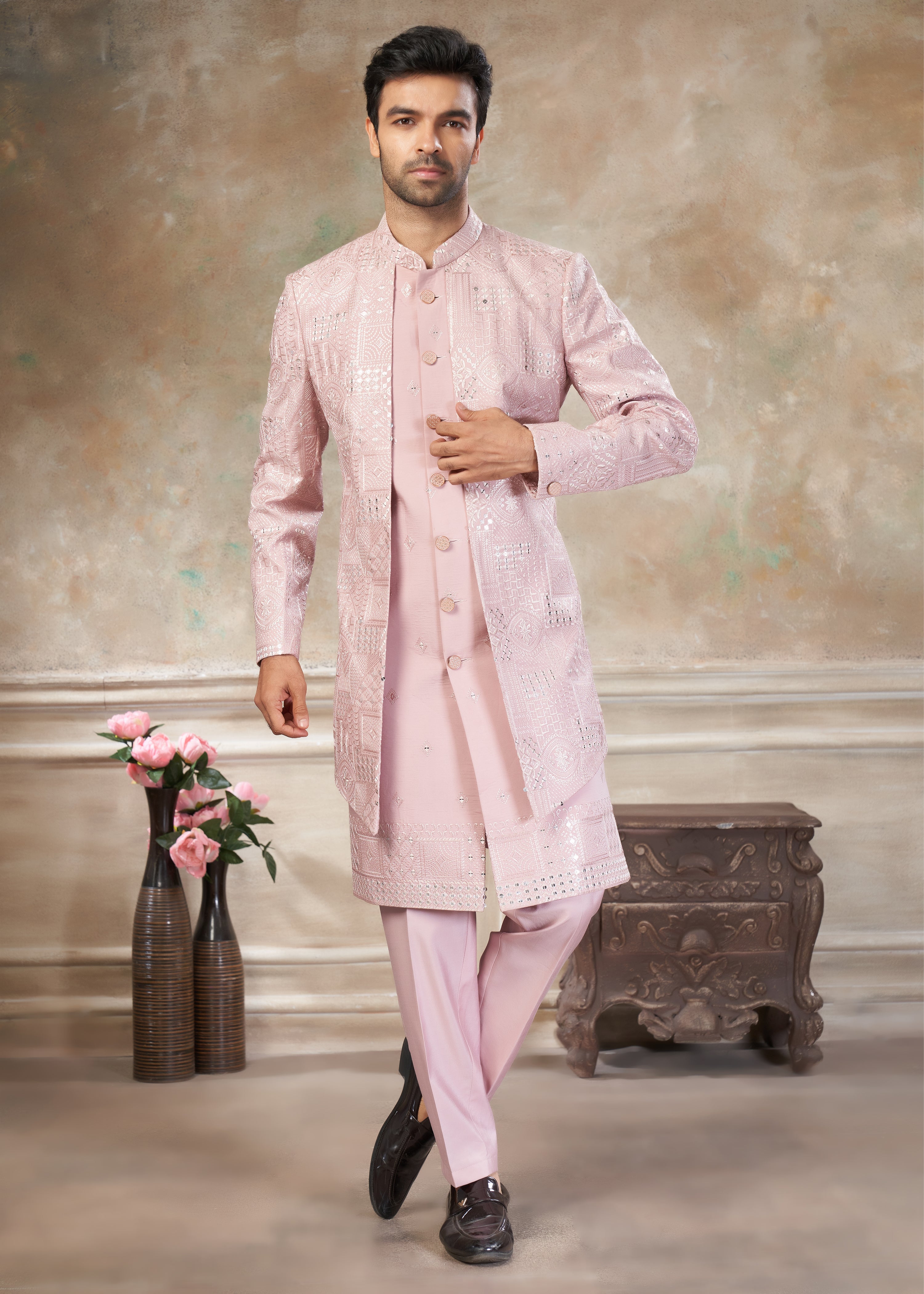 Pink color Pure Viscose with embroidery Menswear indowestern 50009