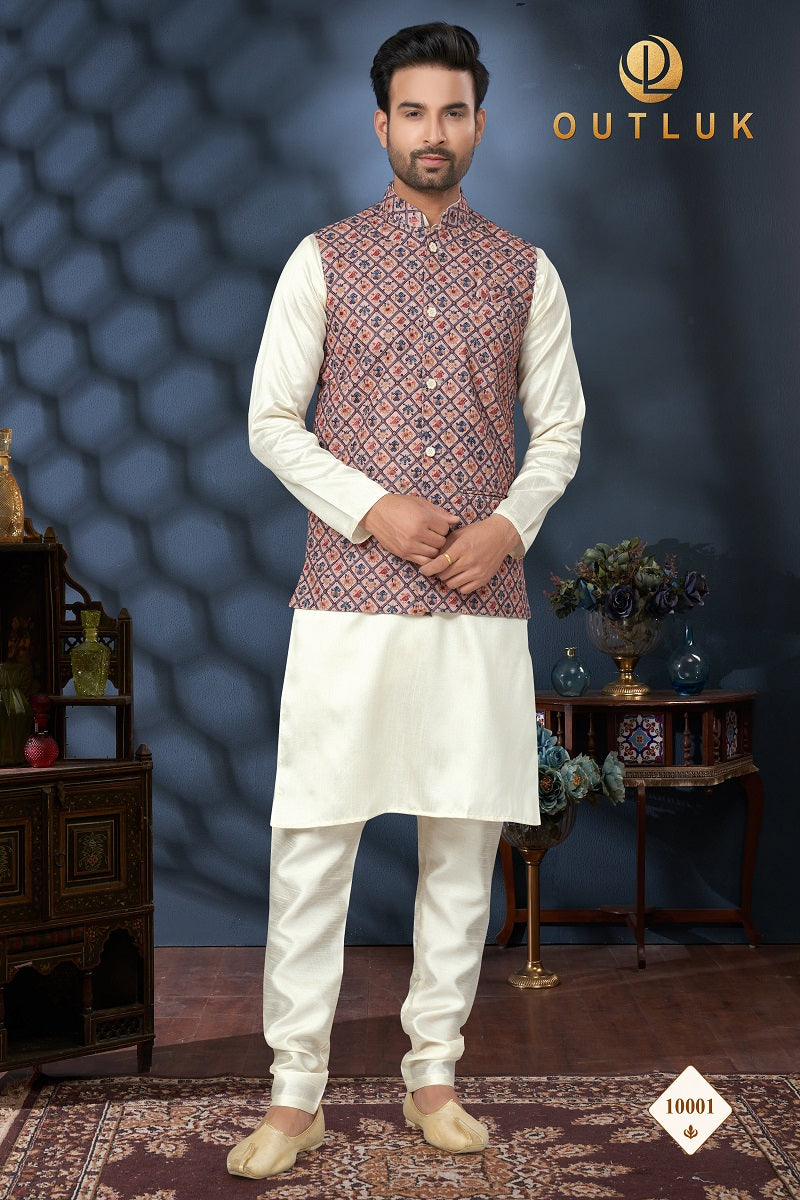 Peach Multi Cotton Mens Kurta Pajama with Jackets 10001