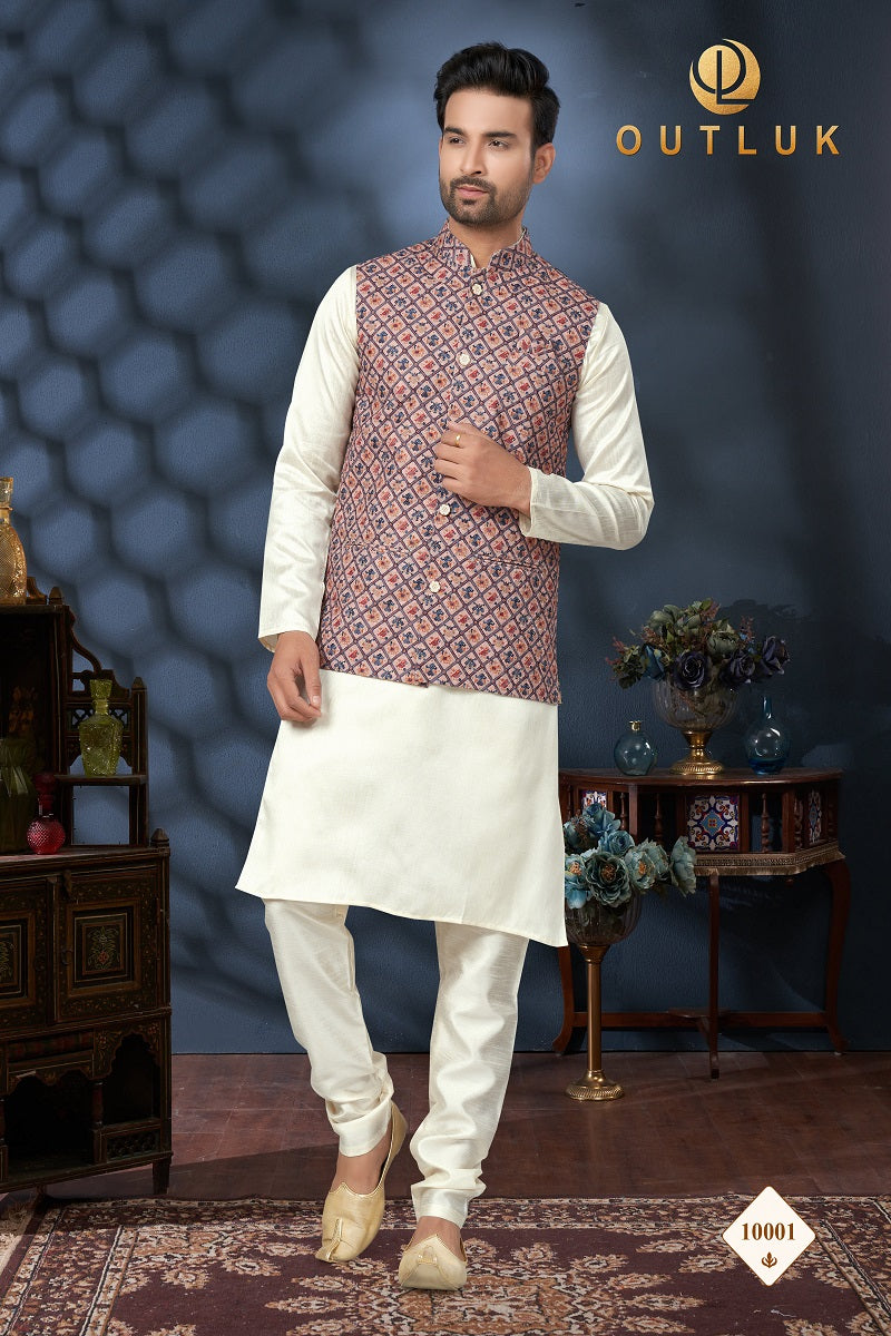 Peach Multi Cotton Mens Kurta Pajama with Jackets 10001