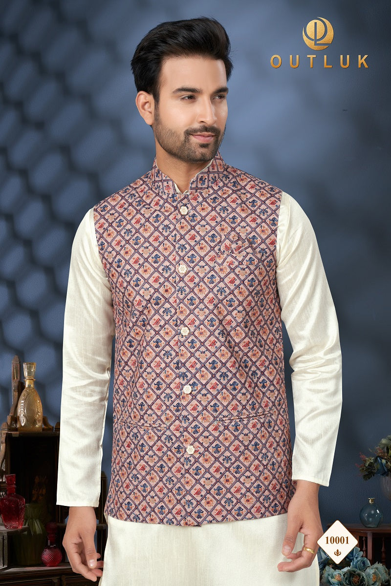 Peach Multi Cotton Mens Kurta Pajama with Jackets 10001