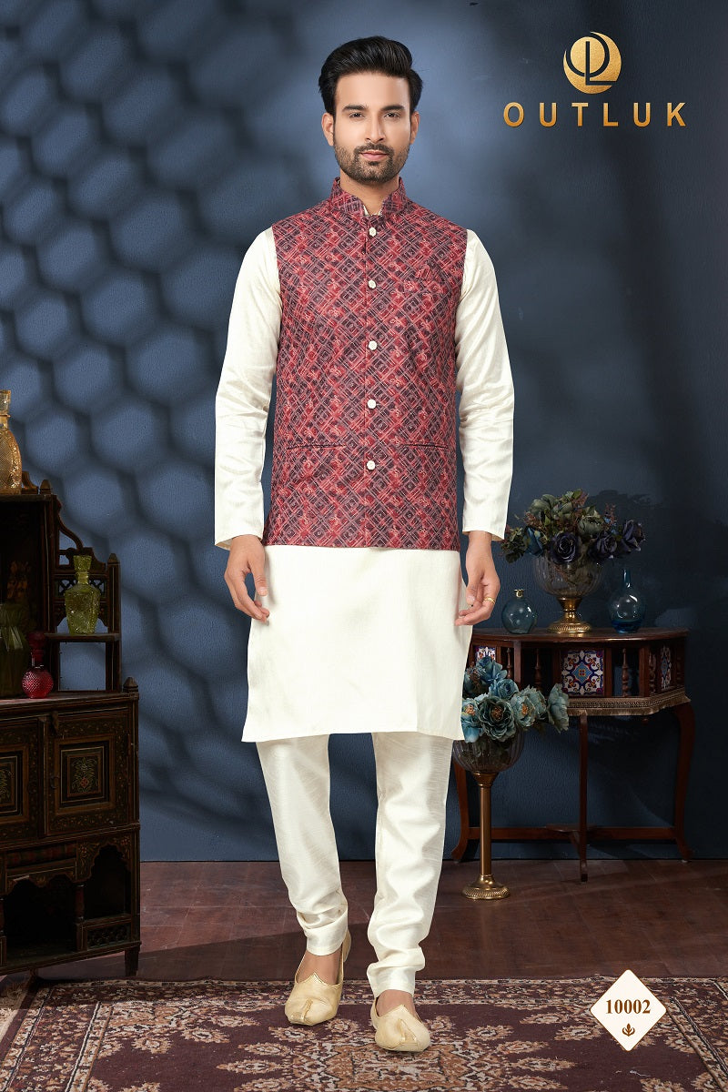 Red And Off White Cotton Mens Kurta Pajama with Jackets 10002