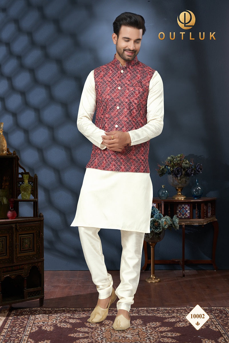 Red And Off White Cotton Mens Kurta Pajama with Jackets 10002