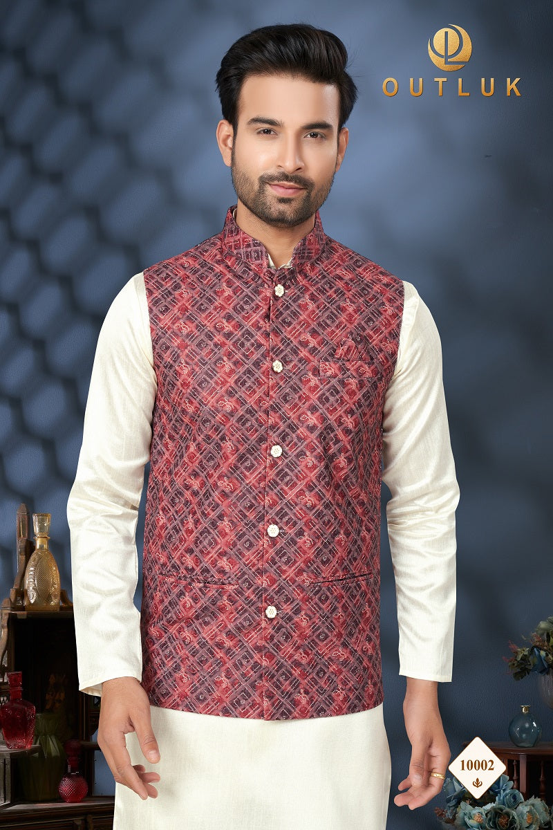 Red And Off White Cotton Mens Kurta Pajama with Jackets 10002