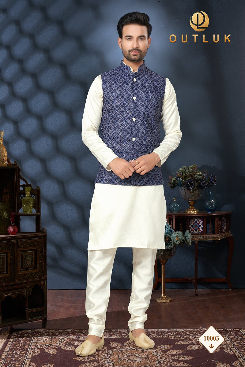 Navy Blue And Off White Cotton Mens Kurta Pajama with Jackets 10003