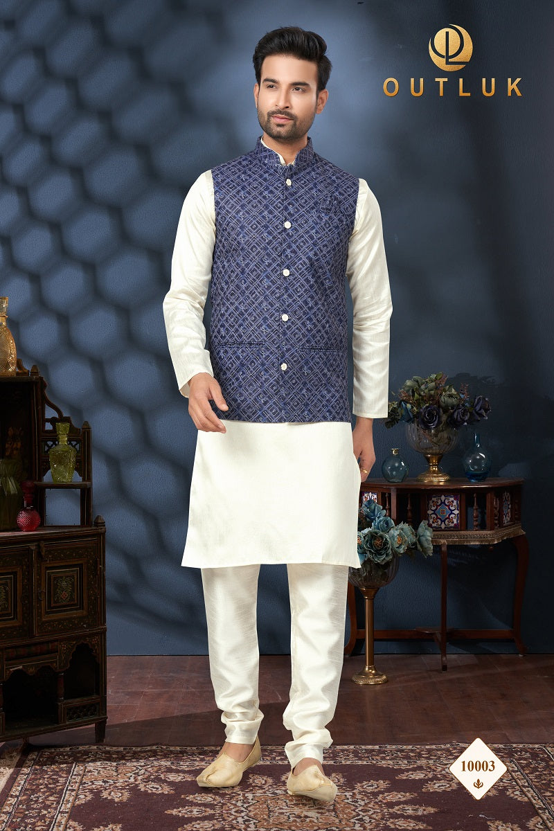 Navy Blue And Off White Cotton Mens Kurta Pajama with Jackets 10003