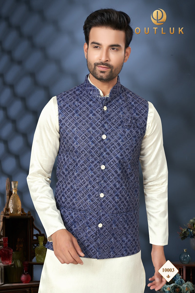 Navy Blue And Off White Cotton Mens Kurta Pajama with Jackets 10003