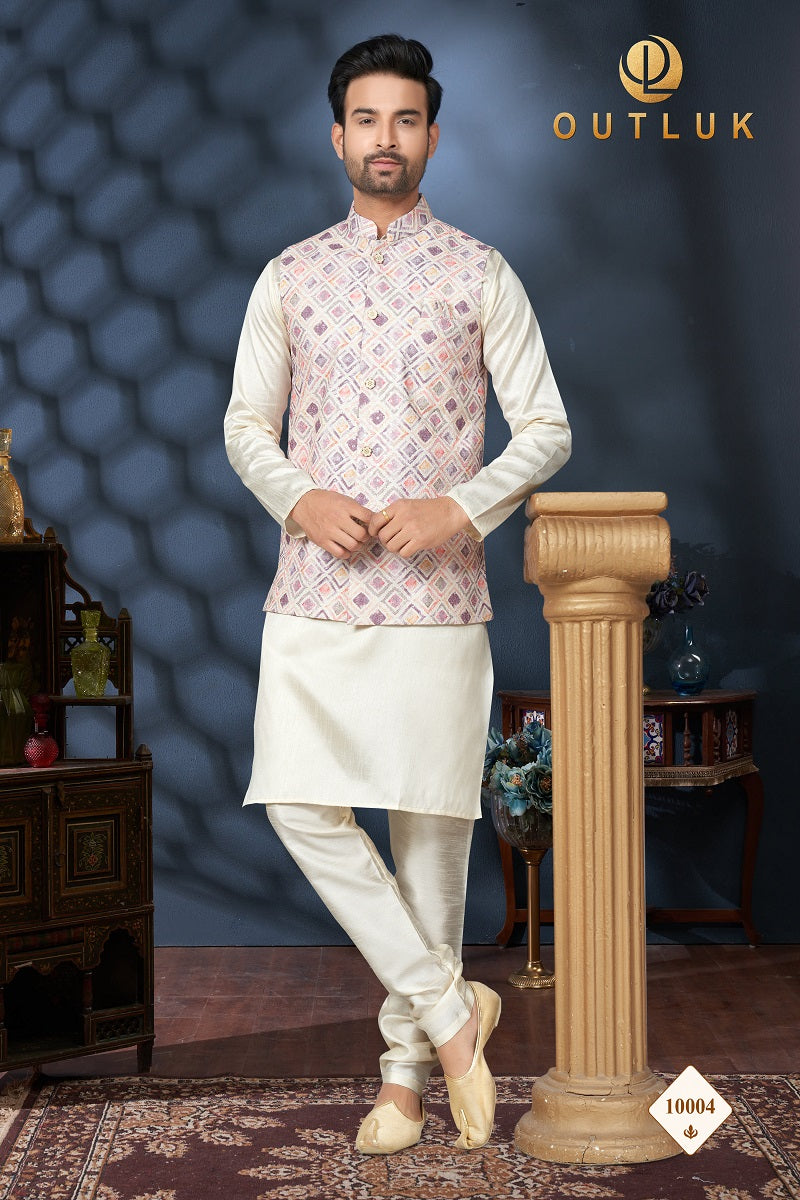 Lavender And Off White Cotton Mens Kurta Pajama with Jackets 10004