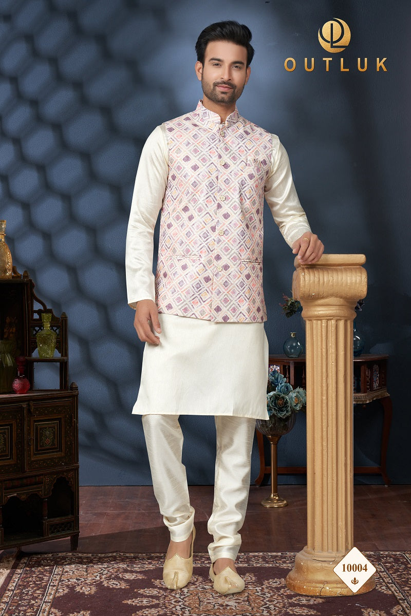 Lavender And Off White Cotton Mens Kurta Pajama with Jackets 10004