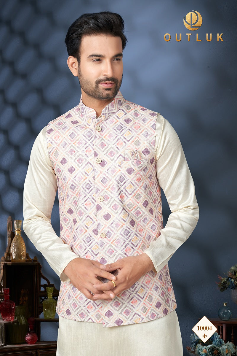 Lavender And Off White Cotton Mens Kurta Pajama with Jackets 10004