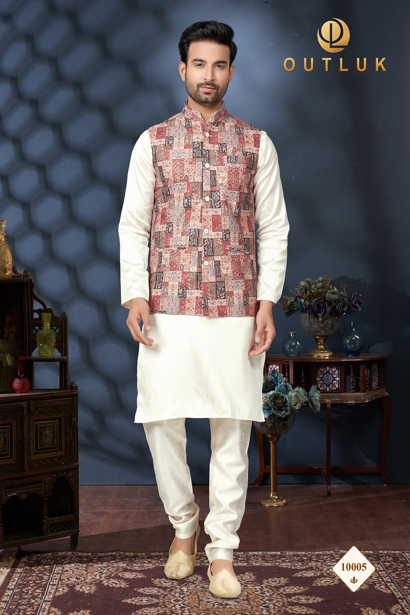 Maroon Multi And Off White Cotton Mens Kurta Pajama with Jackets 10005