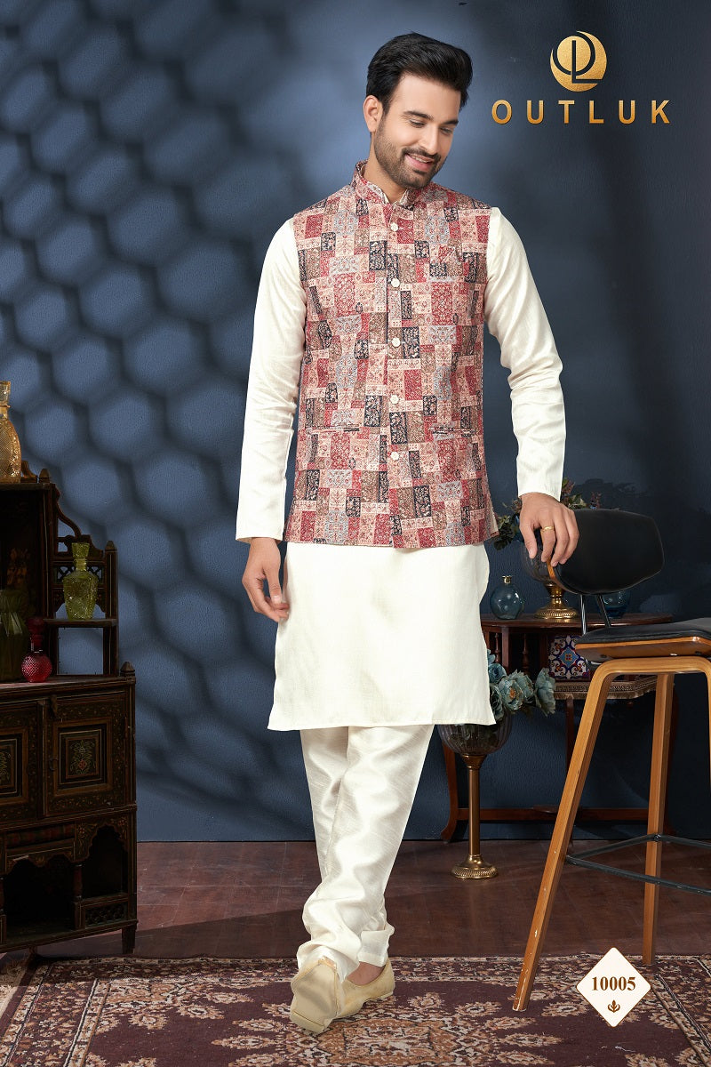 Maroon Multi And Off White Cotton Mens Kurta Pajama with Jackets 10005