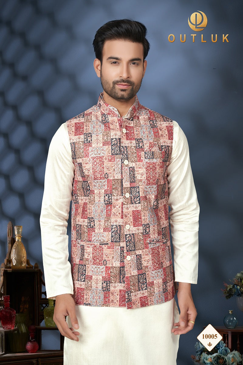 Maroon Multi And Off White Cotton Mens Kurta Pajama with Jackets 10005