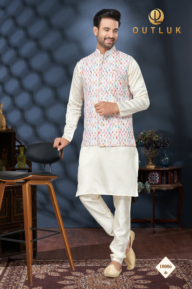 Multi And Off White Cotton Mens Kurta Pajama with Jackets 10006