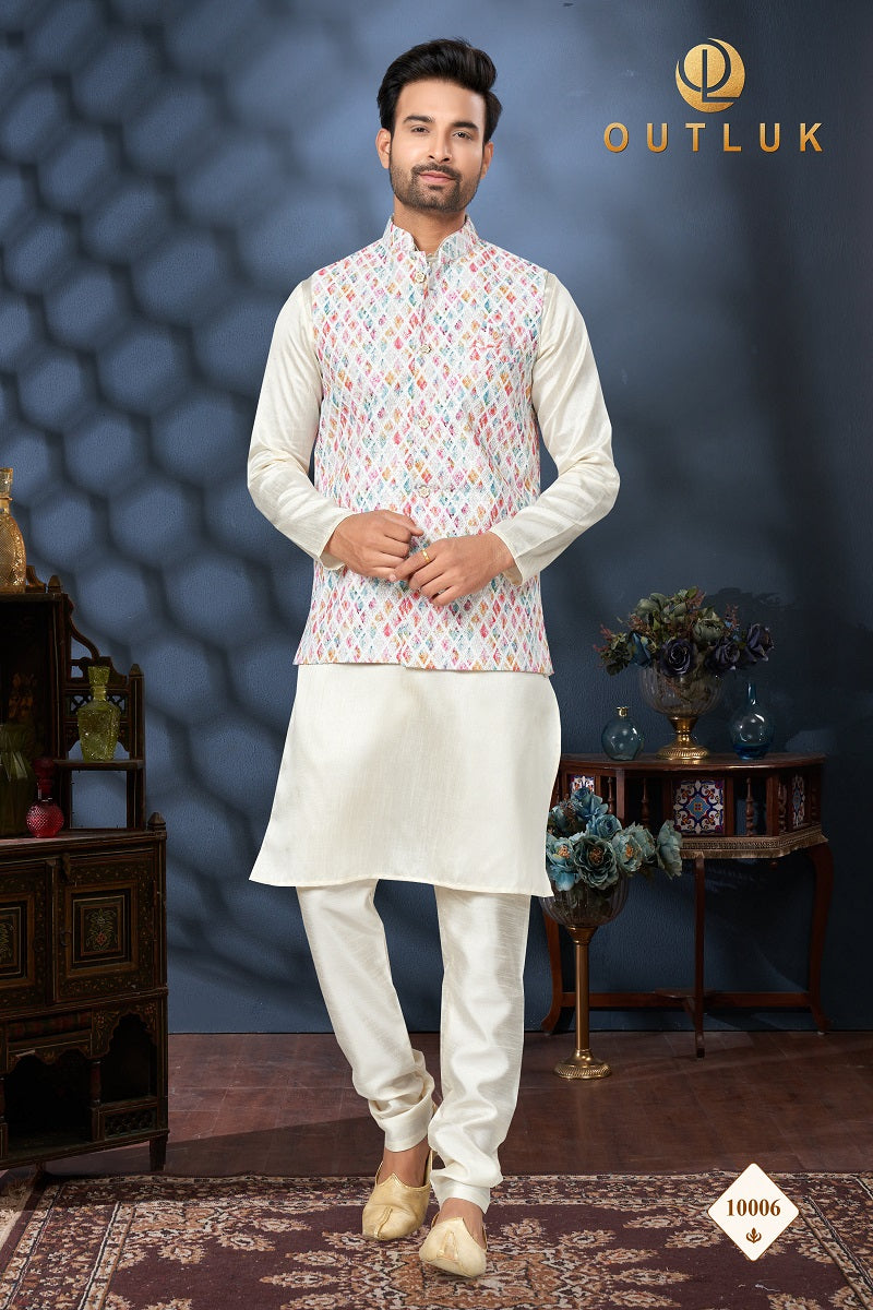 Multi And Off White Cotton Mens Kurta Pajama with Jackets 10006