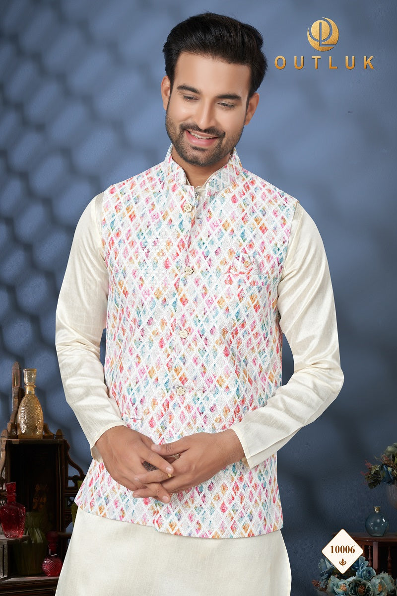 Multi And Off White Cotton Mens Kurta Pajama with Jackets 10006