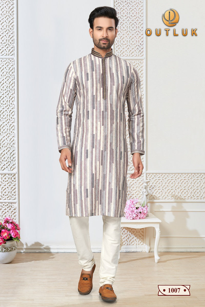 White Grey Cotton Mens Kurta Pajama 1007