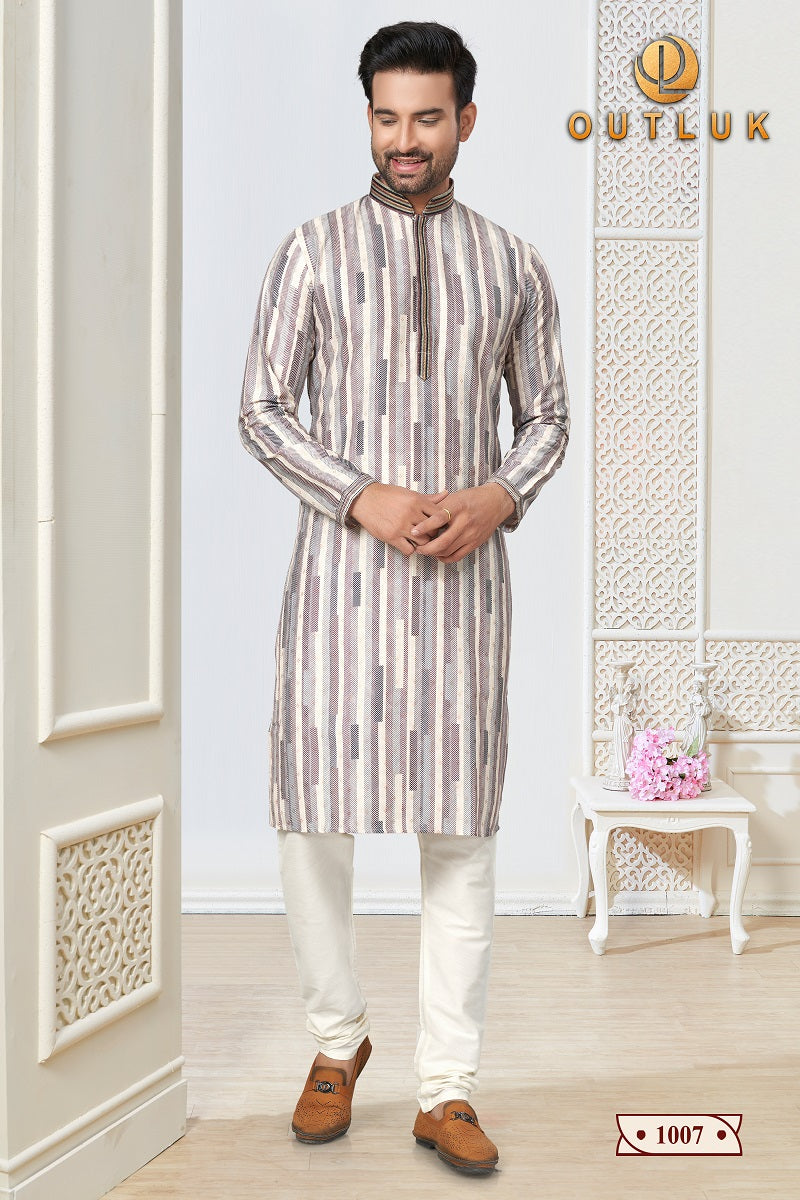 White Grey Cotton Mens Kurta Pajama 1007