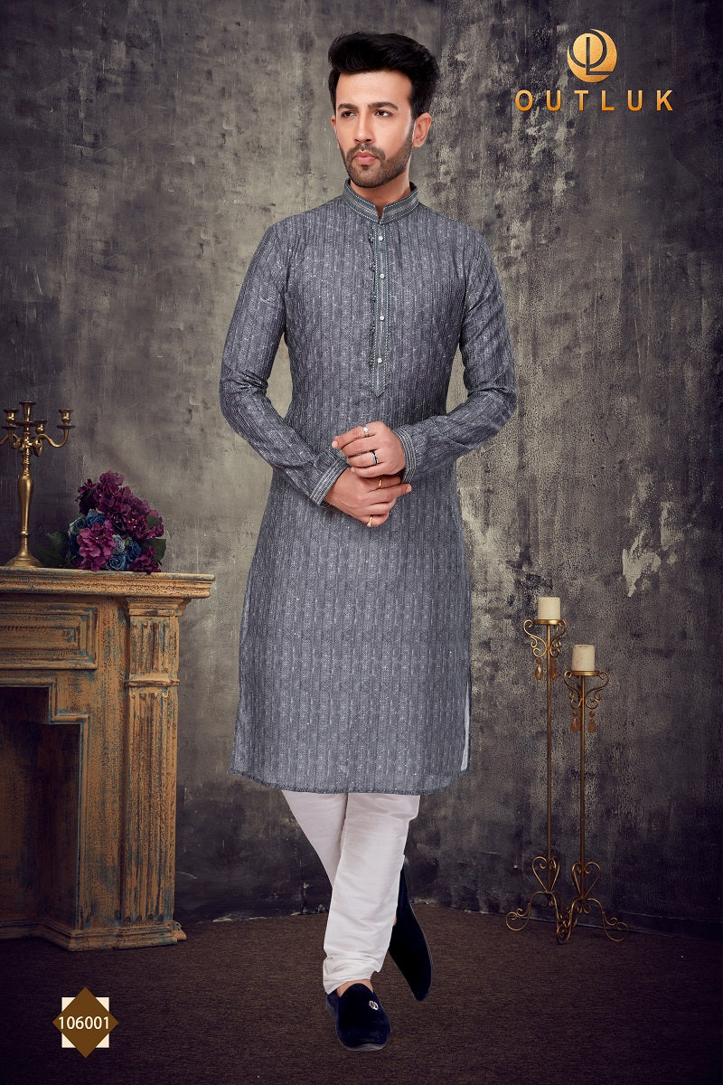 Drak Grey Slub Silk Mens Kurta Pajama 106001