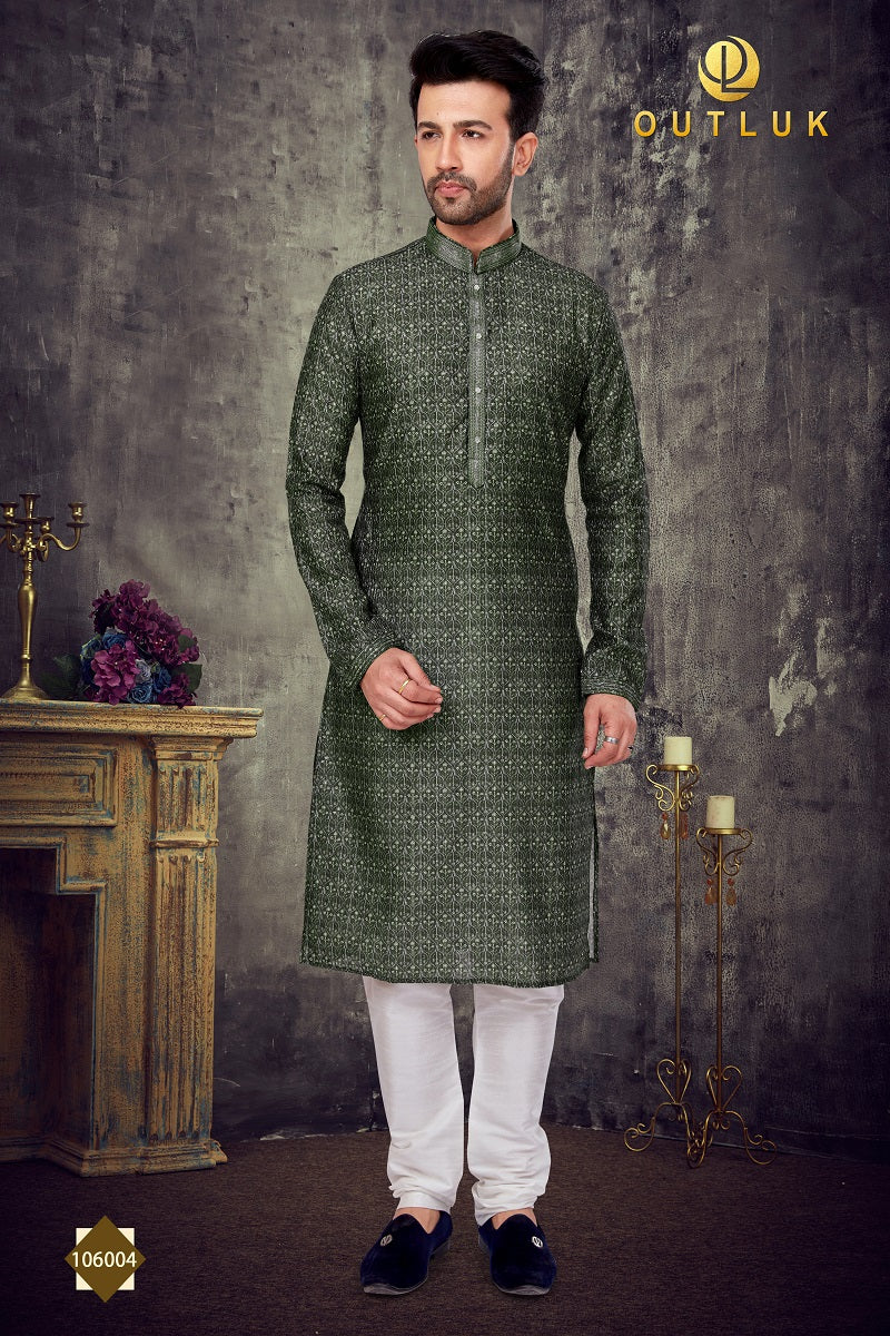 Dark Green Slub Silk Mens Kurta Pajama 106004